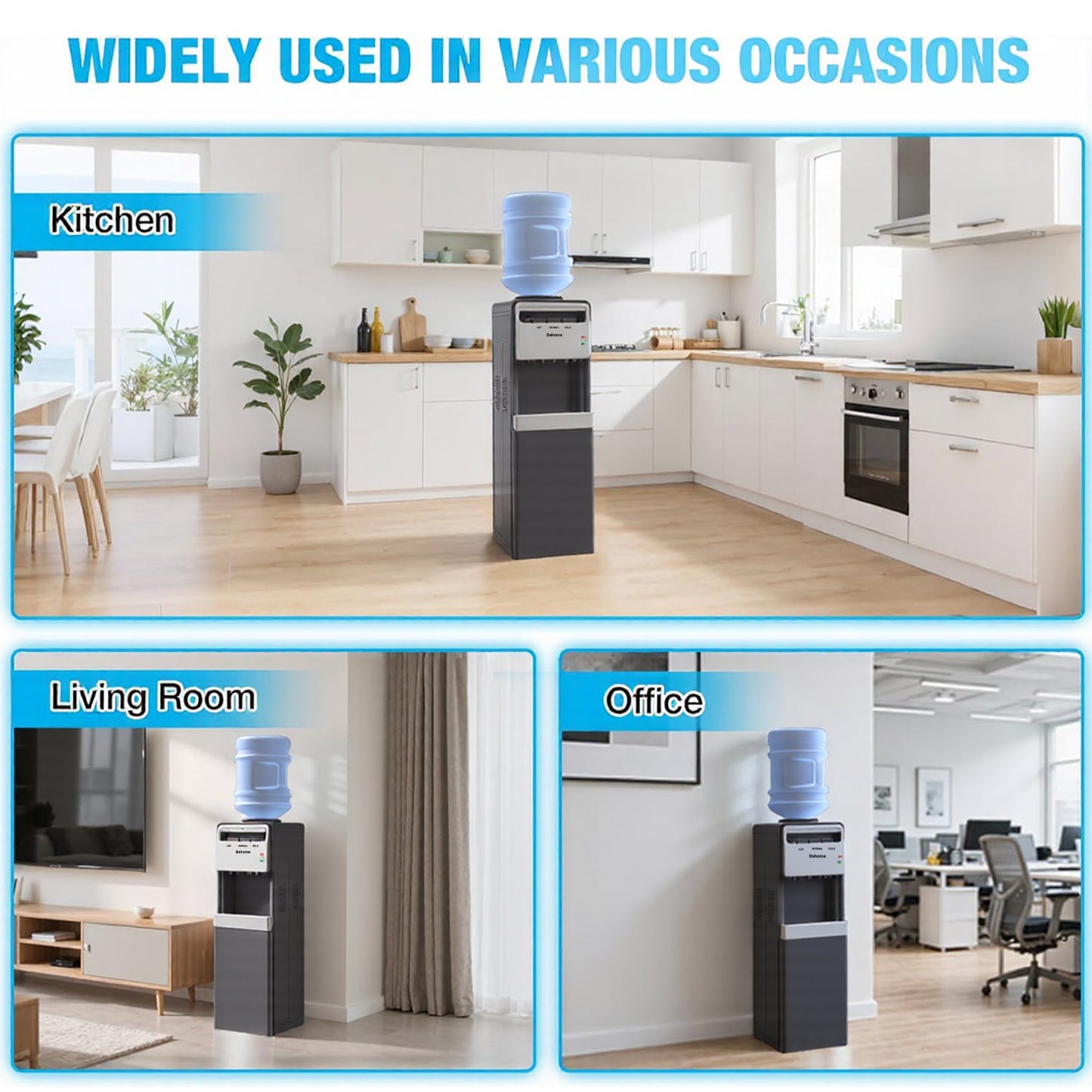 Behome Top Loading Water Cooler Dispenser, 3 Temperature Settings-Hot, Cold & Normal Water, Child Safety Lock, Holds 3 or 5 Gallon Bottles, for Homes, Kitchens, Offices, Dorms