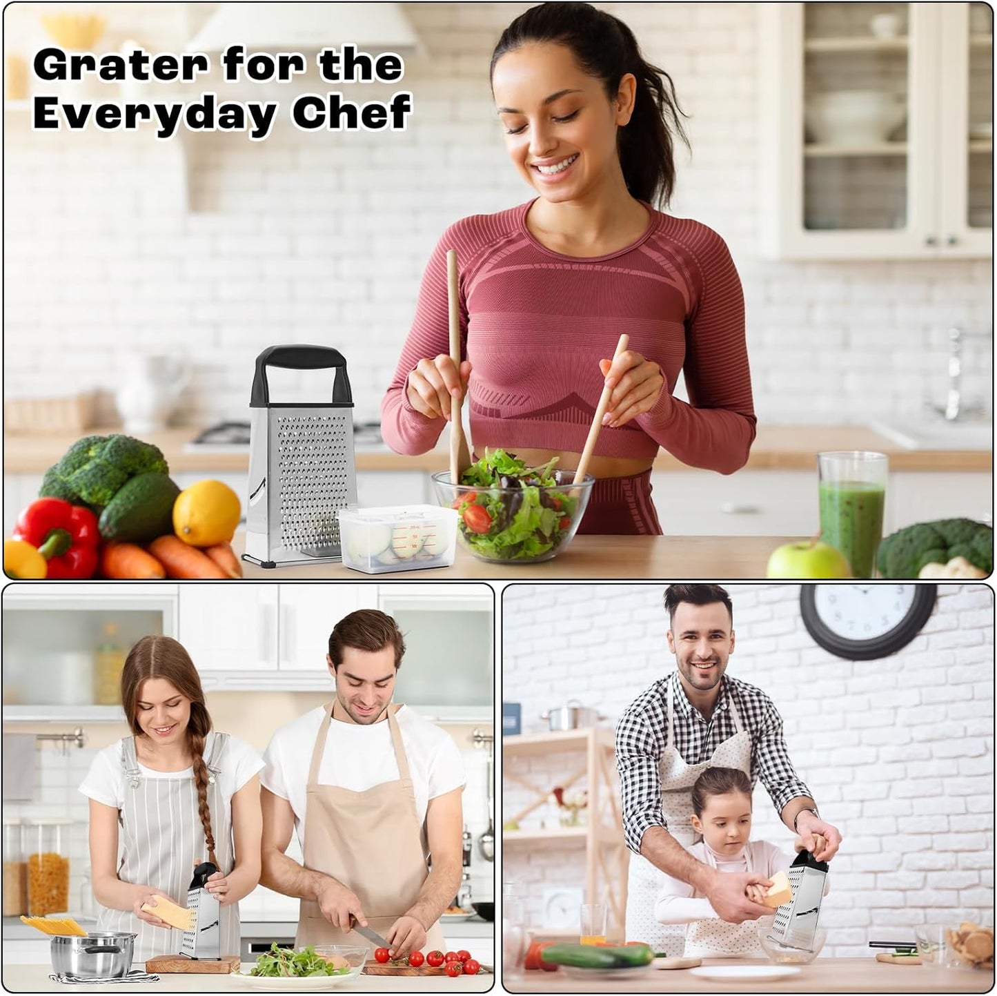 Behome Cheese Grater with Container, 4-Side Stainless Steel Cheese Shredder & Vegetable Chopper with Slip Resistant Handle, Box Grater for Fruit, Vegetables, Ginger