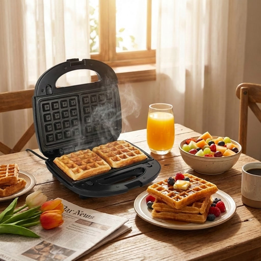Behome 3 in 1 Waffle Maker with Nonstick Plates, Electric Sandwich Maker with Indicator Light, Sandwich Press Grill for Breakfast, Ham, Steaks, Black