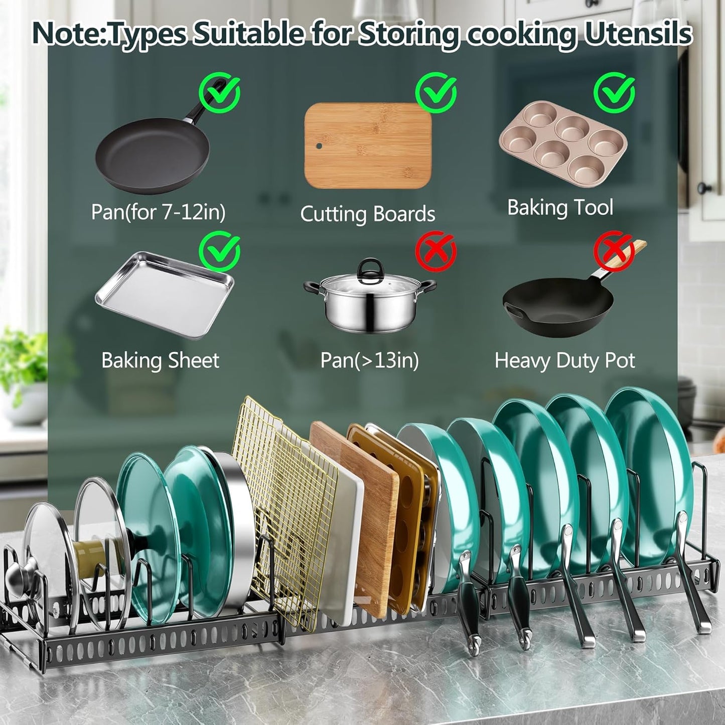 Behome Pots and Pans Organizer Under Cabinet, Expandable Pot Lid Organizer Holder with 10 Adjustable Dividers, Kitchen Pot Pan Lid Rack Storage Holder Organizers, Black