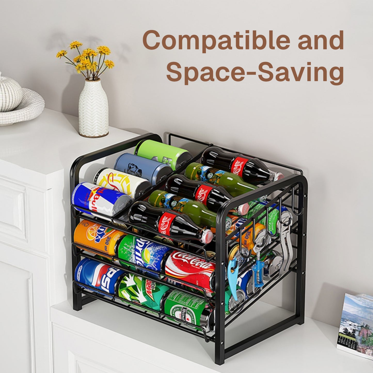 Behome 3 Tier Can Organizer for Pantry, Can Rack Organizer with Adjustable Dividers, Sturdy Can Storage Holder for Canned Food Soda Drinks, Black
