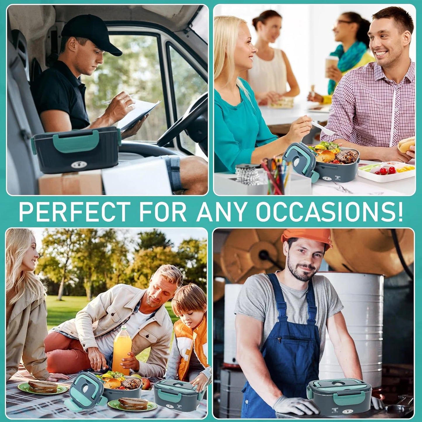 Behome Electric Lunch Box, 3 in 1 Heated Lunch Boxes for Adults, Stainless Steel Food Warmer with 1.5L Container Fork & Spoon, for Work/Car/Truck/Travel