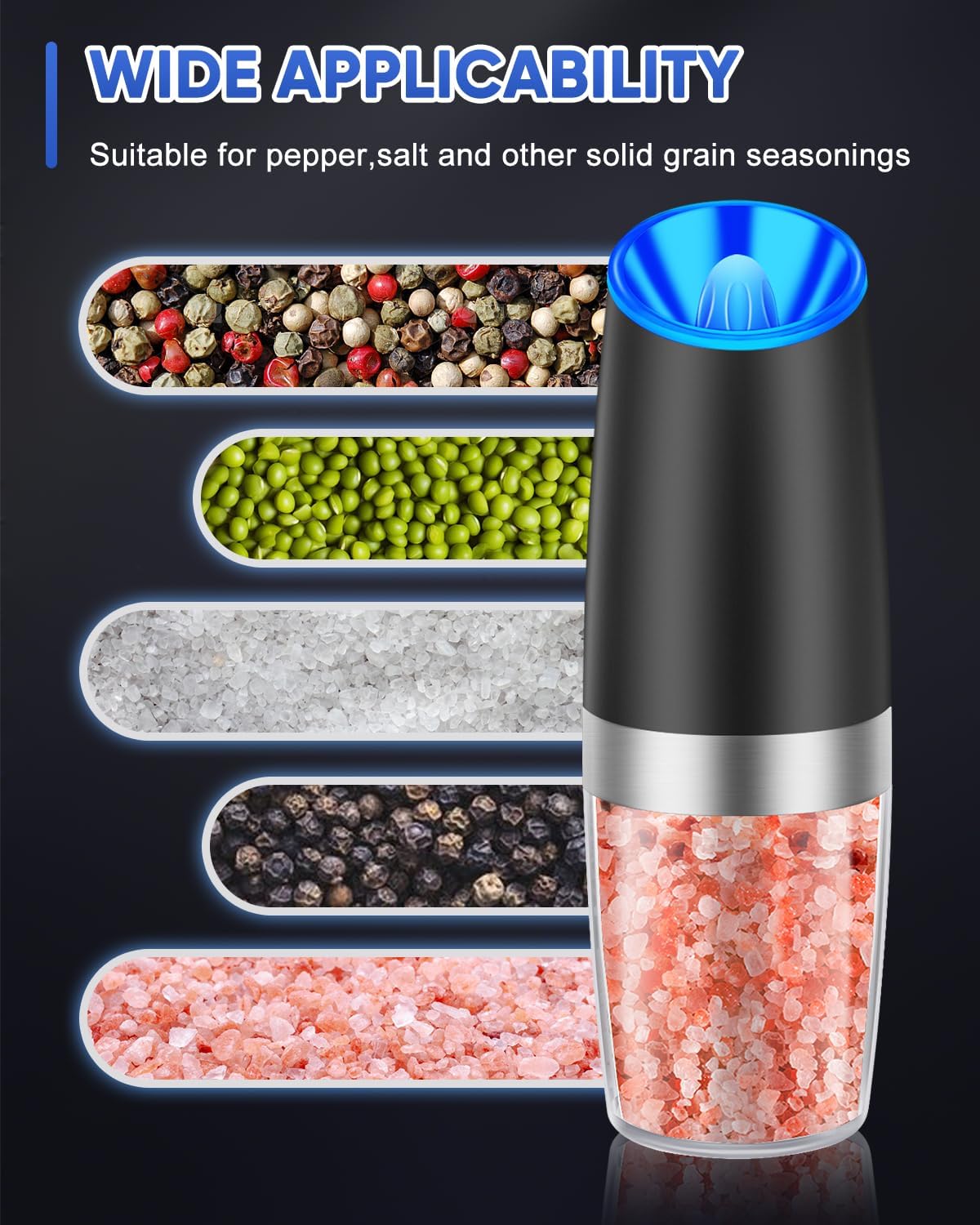 BN-LINK Gravity Electric Pepper and Salt Grinder Set, 2pack Battery Operated Automatic Pepper Mill Grinder with LED Light, Adjustable Coarseness, One Hand Automatic Operation, for Home Kitchen BBQ