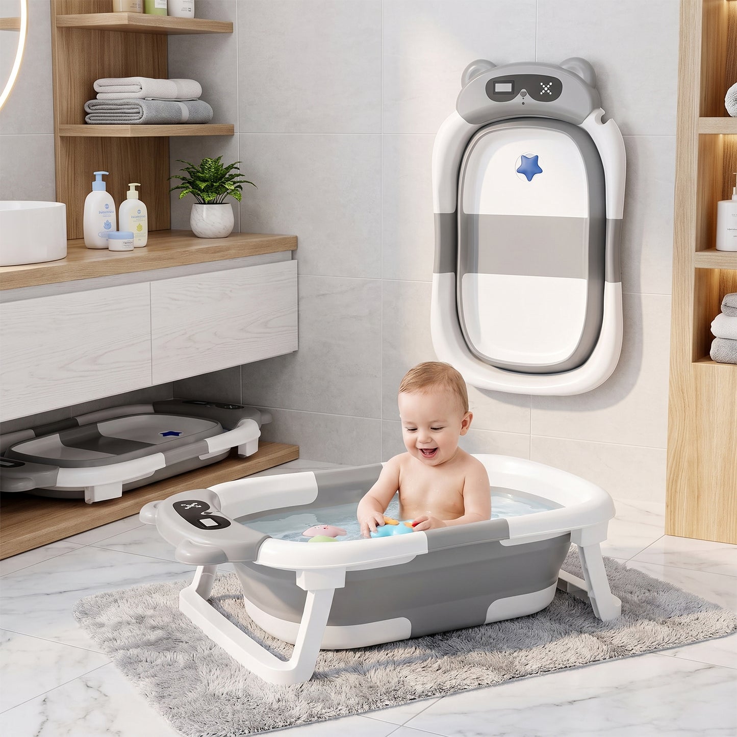 Behome Collapsible Baby Bathtub, Baby Tub with Soft Cushion, Drain Hole& Thermometer, Stable Newborn Bathtub for Infant to Toddler