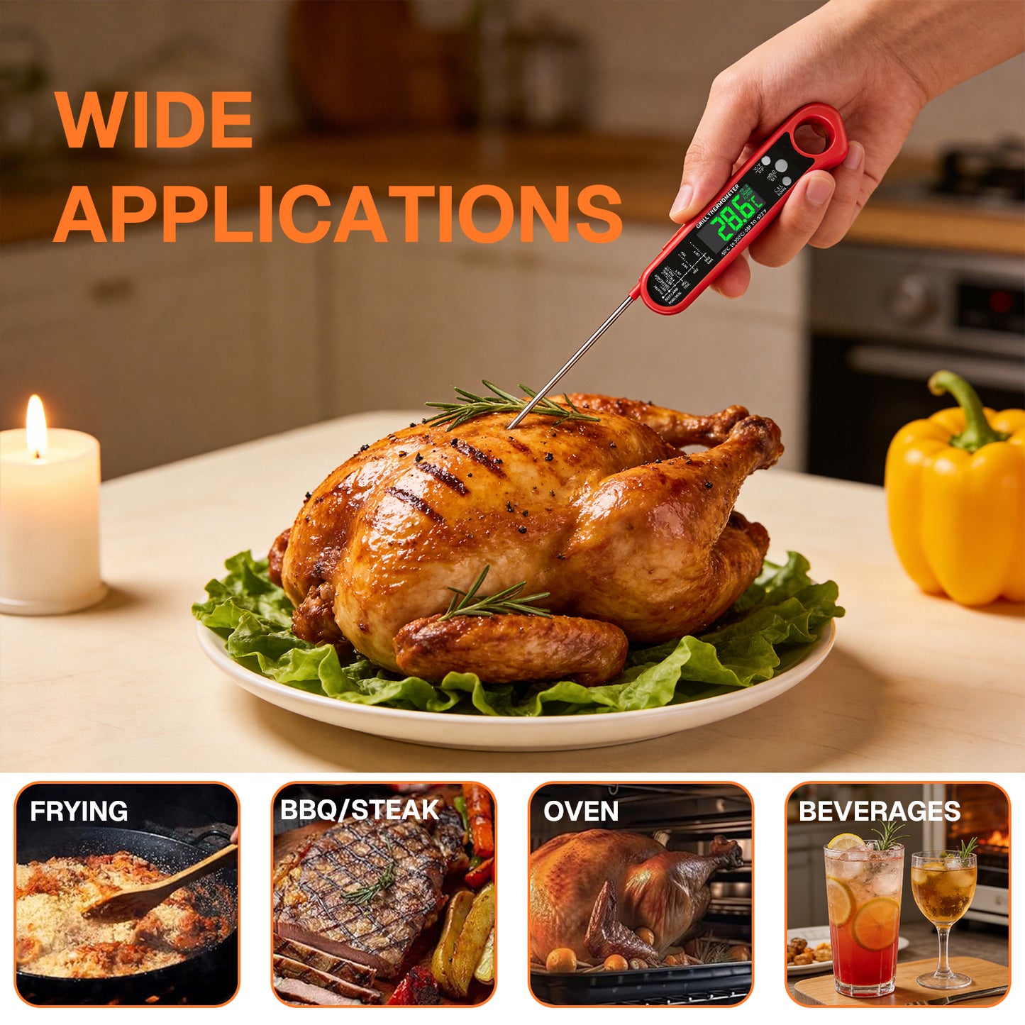 Behome Meat Thermometer, Instant Read Meat Thermometer Digital with Dual Probe, Waterproof Food Thermometer for BBQ,Grill, Fry, Oven, Candy Making