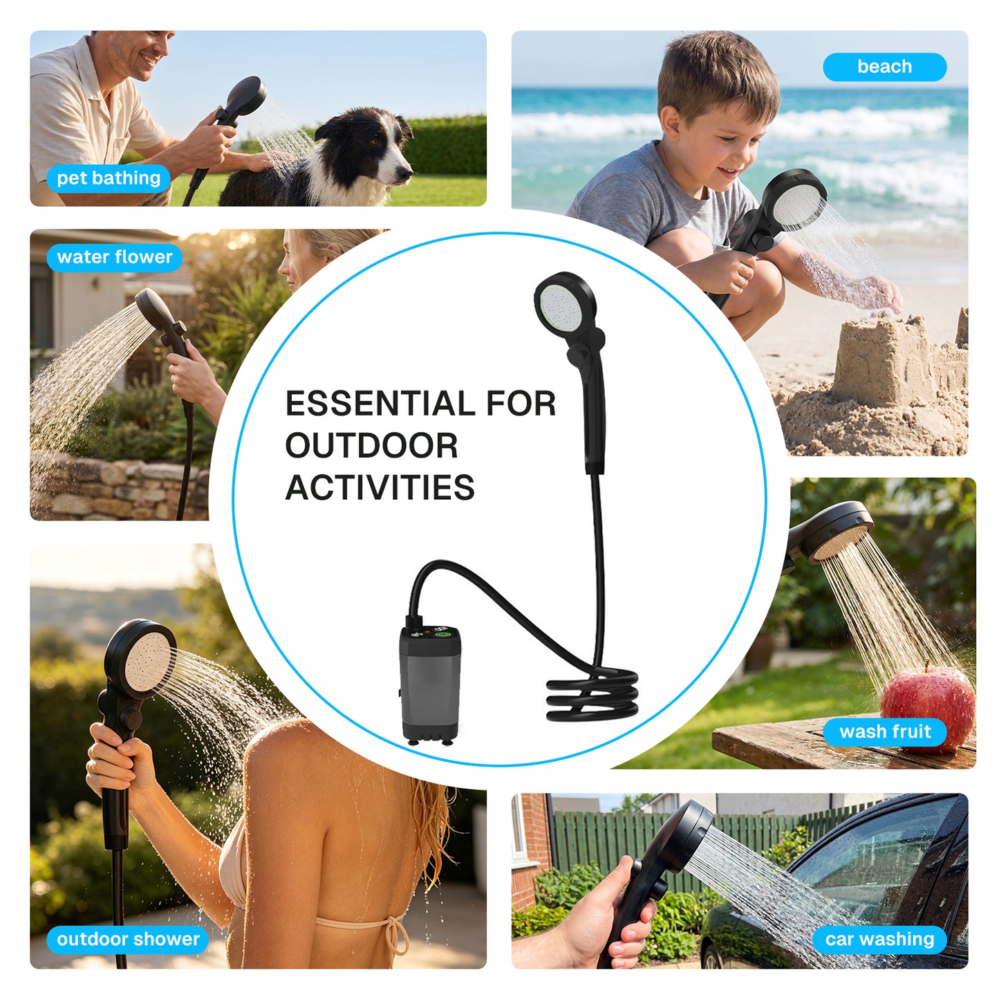 BN-LINK Portable Shower, 6000mAh Rechargeable Camping Shower, LED Display Outdoor Shower for Camping, Beach, Travel, Hiking, Pet Cleaning,Gray