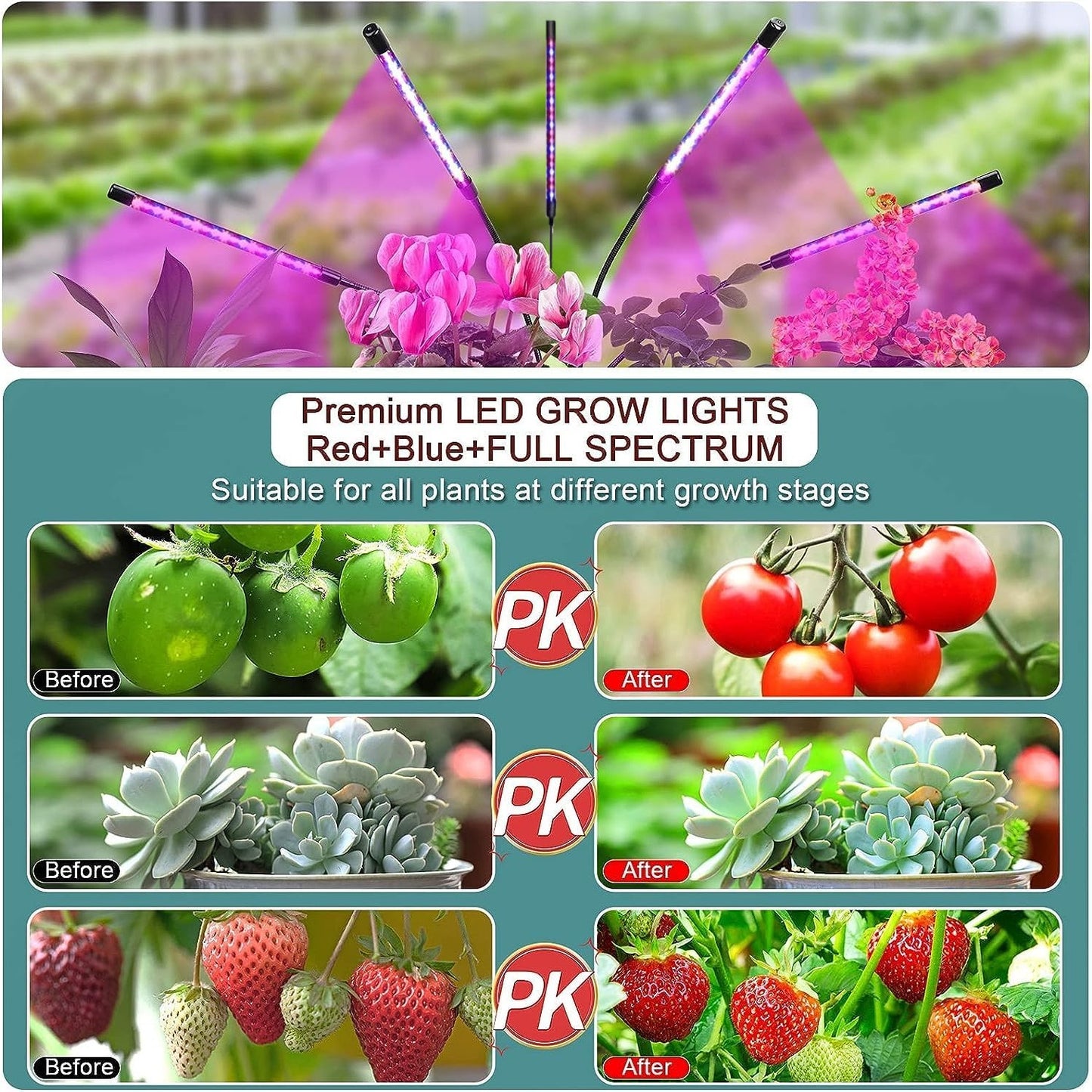 Behome 5 Heads Grow Light for Indoor Plants, Full Spectrum Plant Light with Adjustable Stand, Grow Lamp with Auto ON/Off Timer, 3 Light Modes & 10 Dimmable Brightness