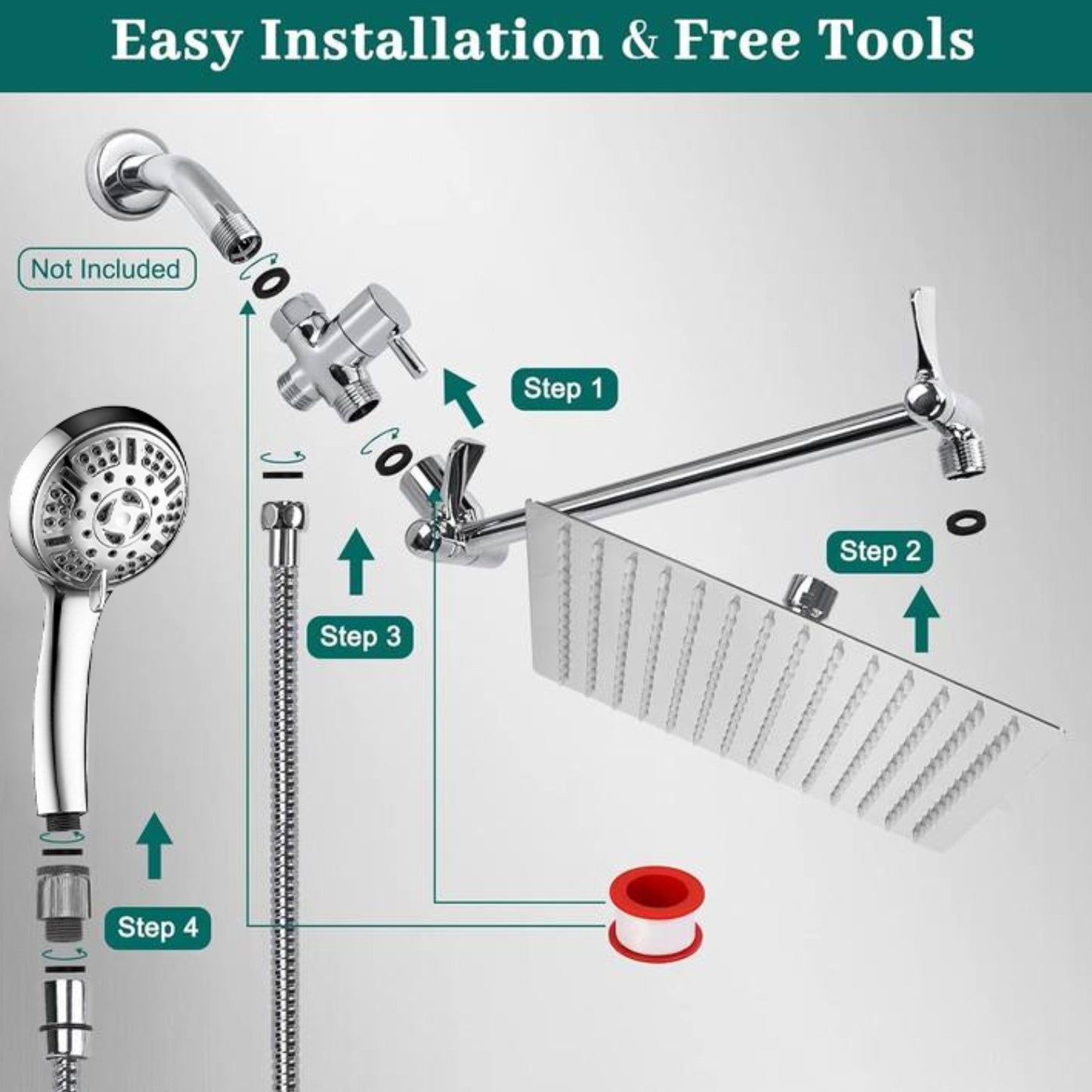 BN-LINK 8 Inch Rain Shower Head Combo, High Pressure Shower Head with 9 Spray Pattern, 11 Inch Extension Arm, Height/Angle Adjustable Anti-leak Shower Head with Holder/Hose