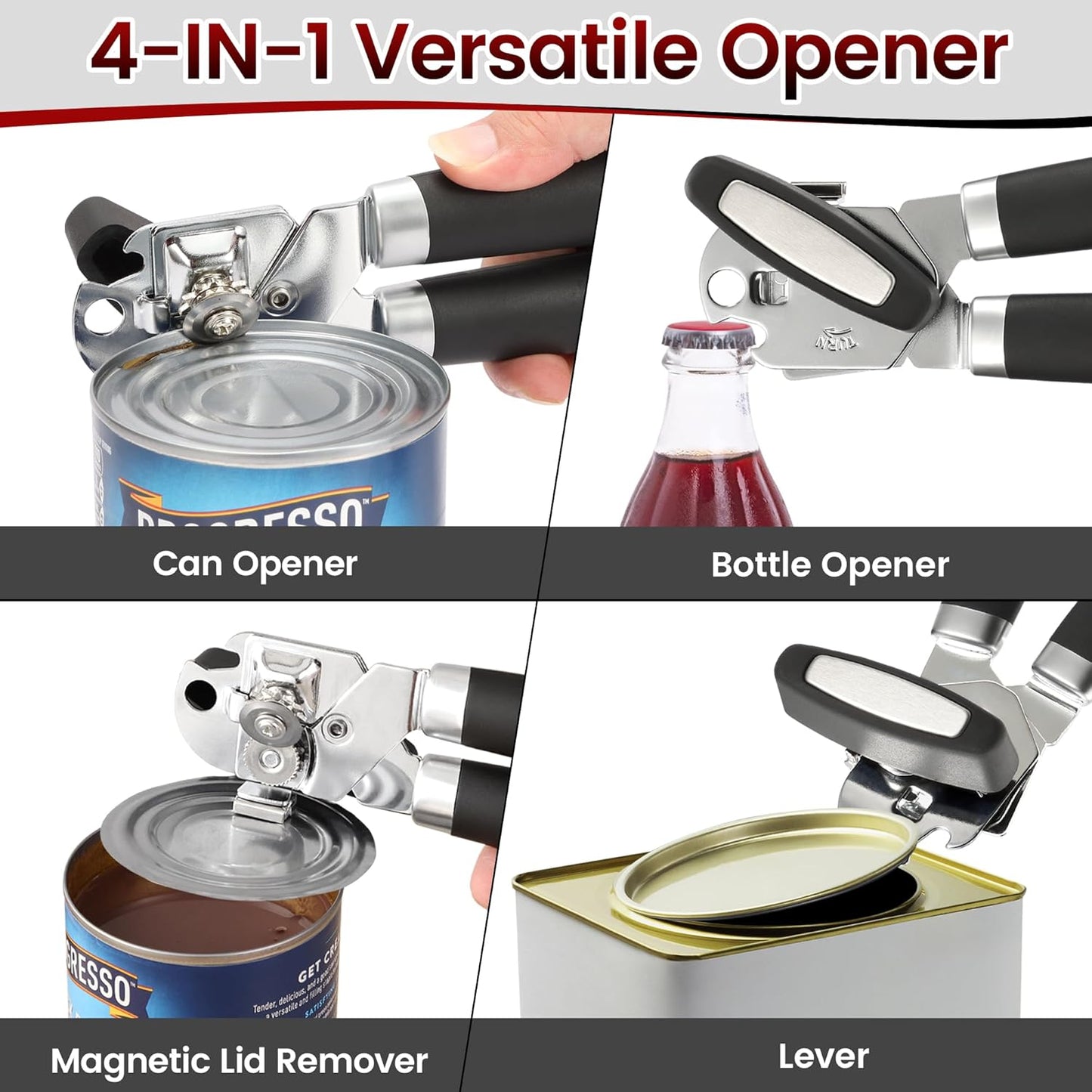 Behome Can Opener with Bottle Opener, Heavy Duty Manual Can Opener with With Turn Knob & Soft Handle, for Kitchen Seniors Friendly, Black