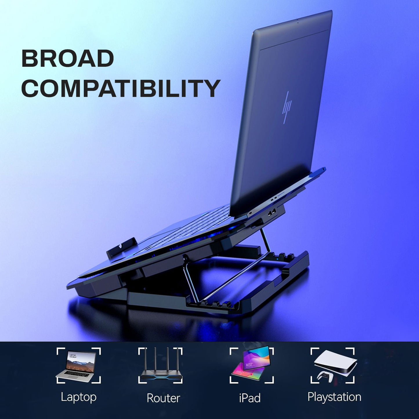 Behome Laptop Cooling Pad, 5 Heights & Stepless Adjustable Speeds, Quiet Gaming Laptop Cooler with Blue Lights, Portable Two USB Ports Laptop Cooler for 12"-15.6" Laptops, Black