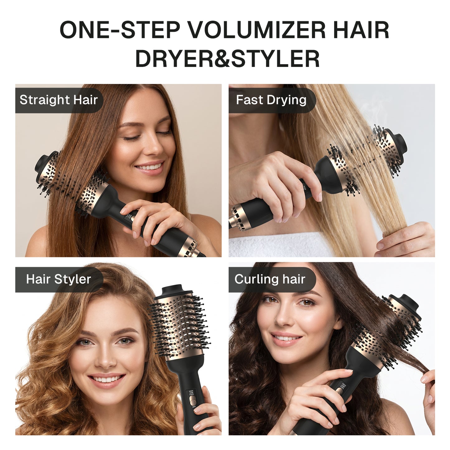 Behome Hair Dryer Brush, 4-in-1 Blow Dryer Brush with Oval Ceramic Barrel,Hot Air Brush for Fast Styling,Frizz-Free,Voluminous Blowouts, Gold Black