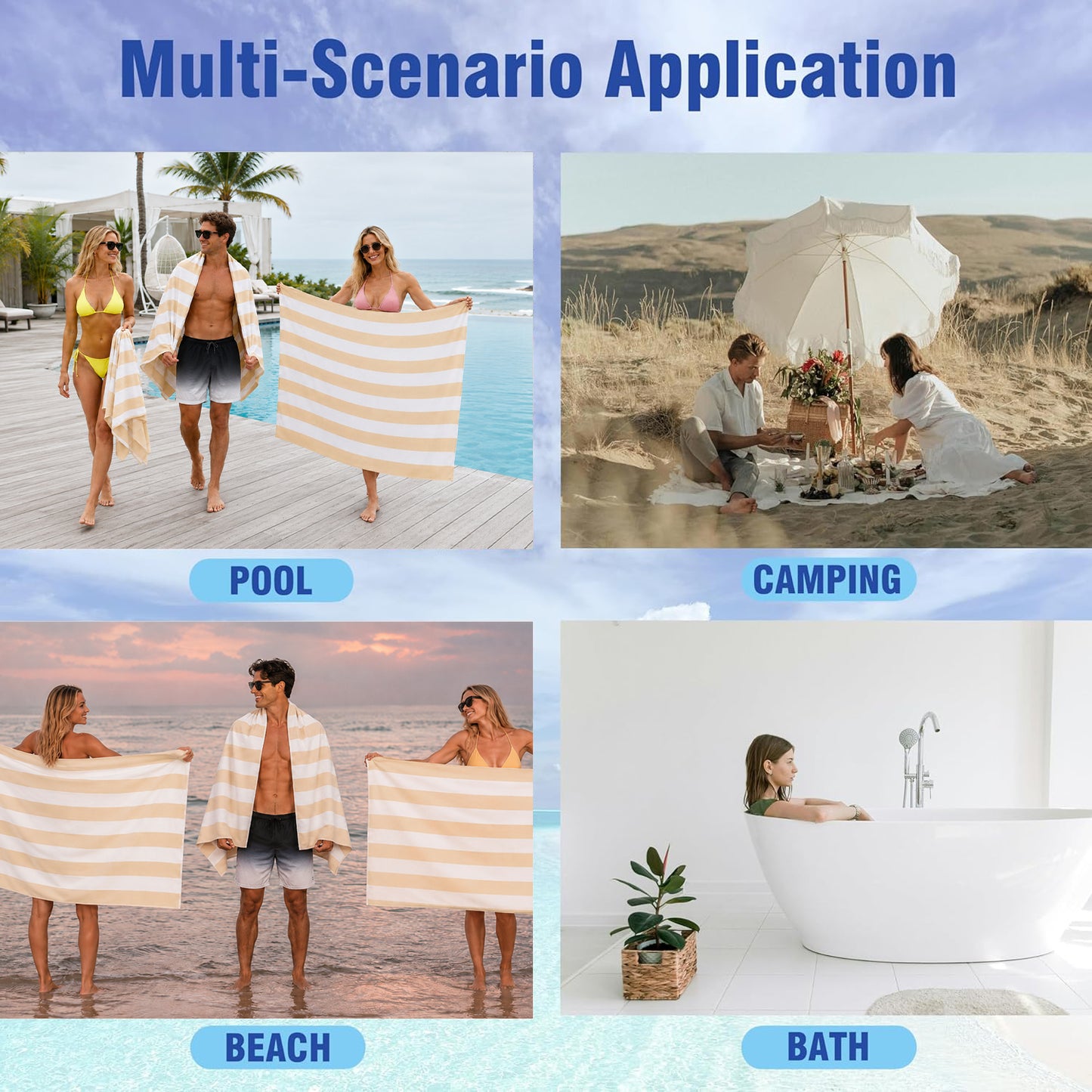 BN-LINK 4 Pack Large Beach Towels, 29.5" x 59.1" Cabana Striped Pool Towels, Super Absorbent & Quick Dry Bath Towel for Swim, Beach, Bathroom, Yoga, Hotel