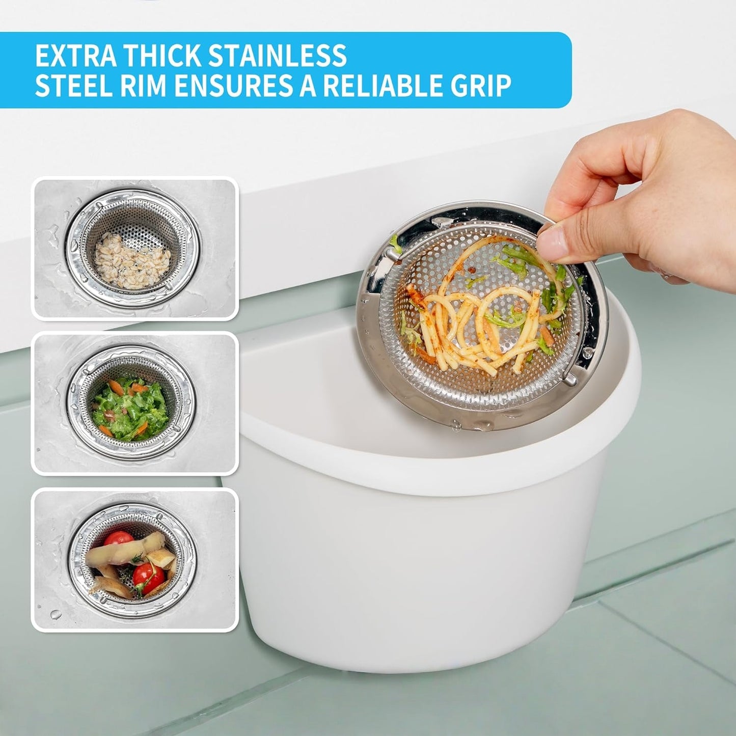 Behome 2 Pack Kitchen Sink Strainer, Stainless Steel Sink Drain Strainer with Handle, Suitable for Most Sink Drains, Anti Clogging, Silver