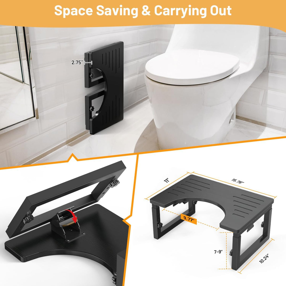 Behome Foldable Toilet Stool, 7 in, 8 in or 9 in Adjustable Height Potty Stool for Adults, Non-Slip Poop Step Stool for Bathroom, Improve Squatting Posture and Comfort, Black