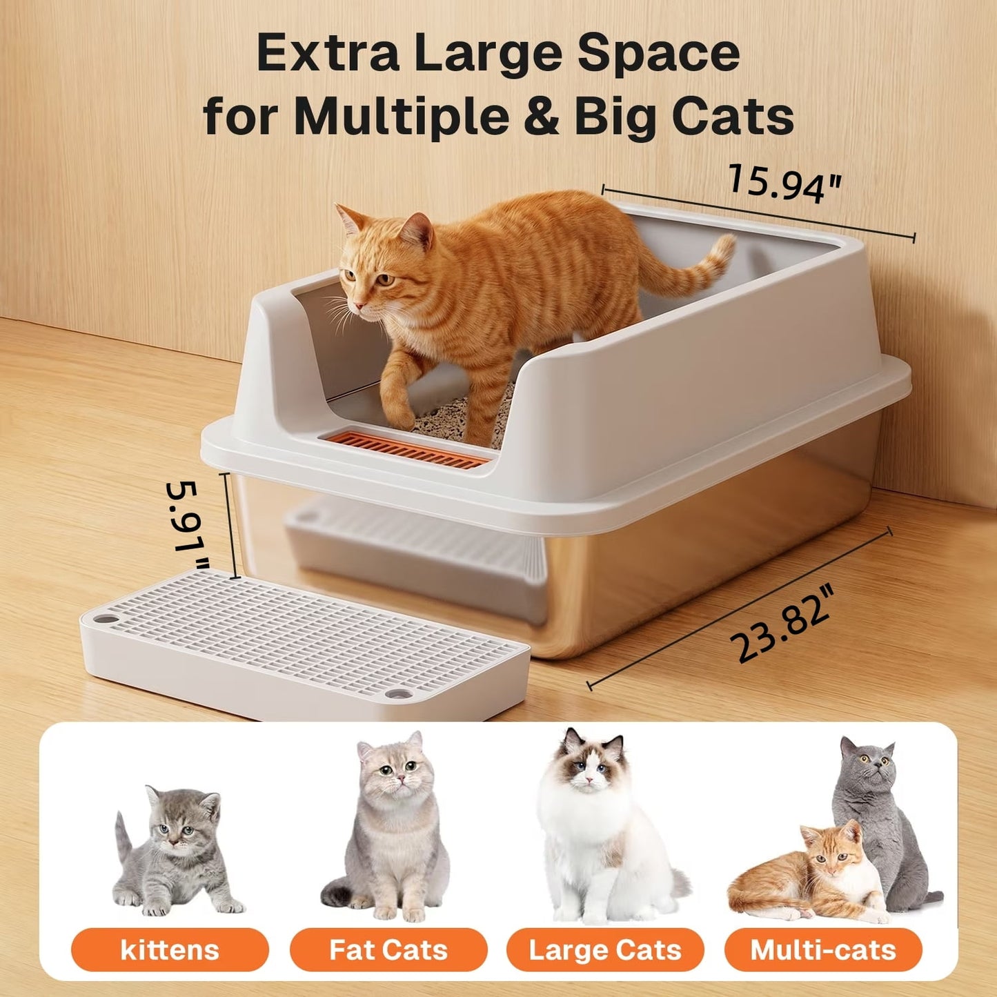 Behome XXL Stainless Steel Cat Litter Box, Extra Large Litter Box for Large Cats, Anti-Urine Leakage, Easy Cleaning, Include Scoop & Pedal