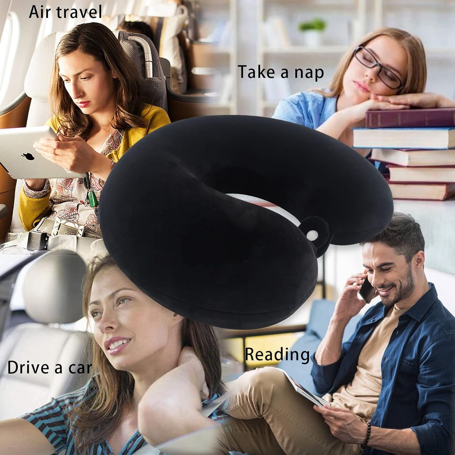 BN-LINK Memory Foam Travel Pillows for Airplanes - Neck Pillow for Traveling with Attachable Snap Strap Soft Washable Cover, Flight Pillow for Sleeping, Car, Home, Office, Black