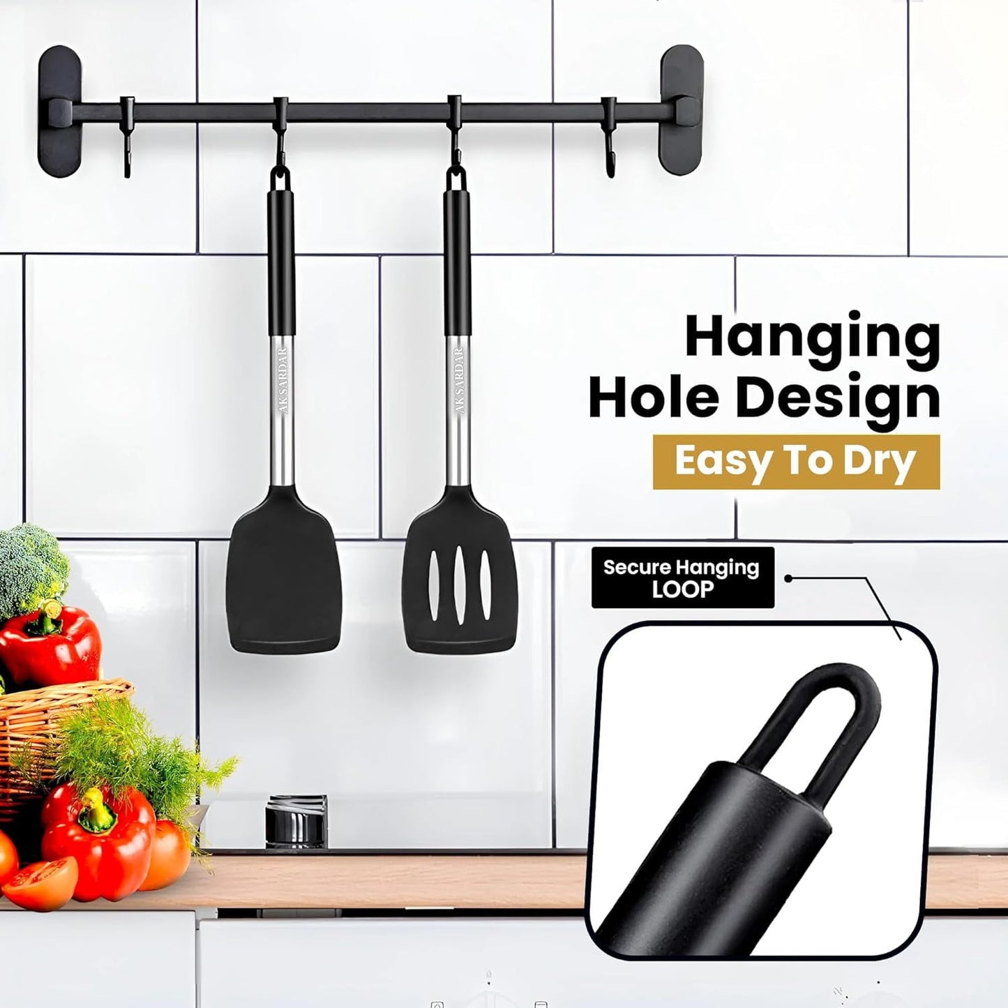Behome 2 Pack Spatulas, Non Stick Turners with Silicone Handle, High Heat Resistant BPA Free Cooking Utensils, for Fish, Eggs, Pancakes(Black)