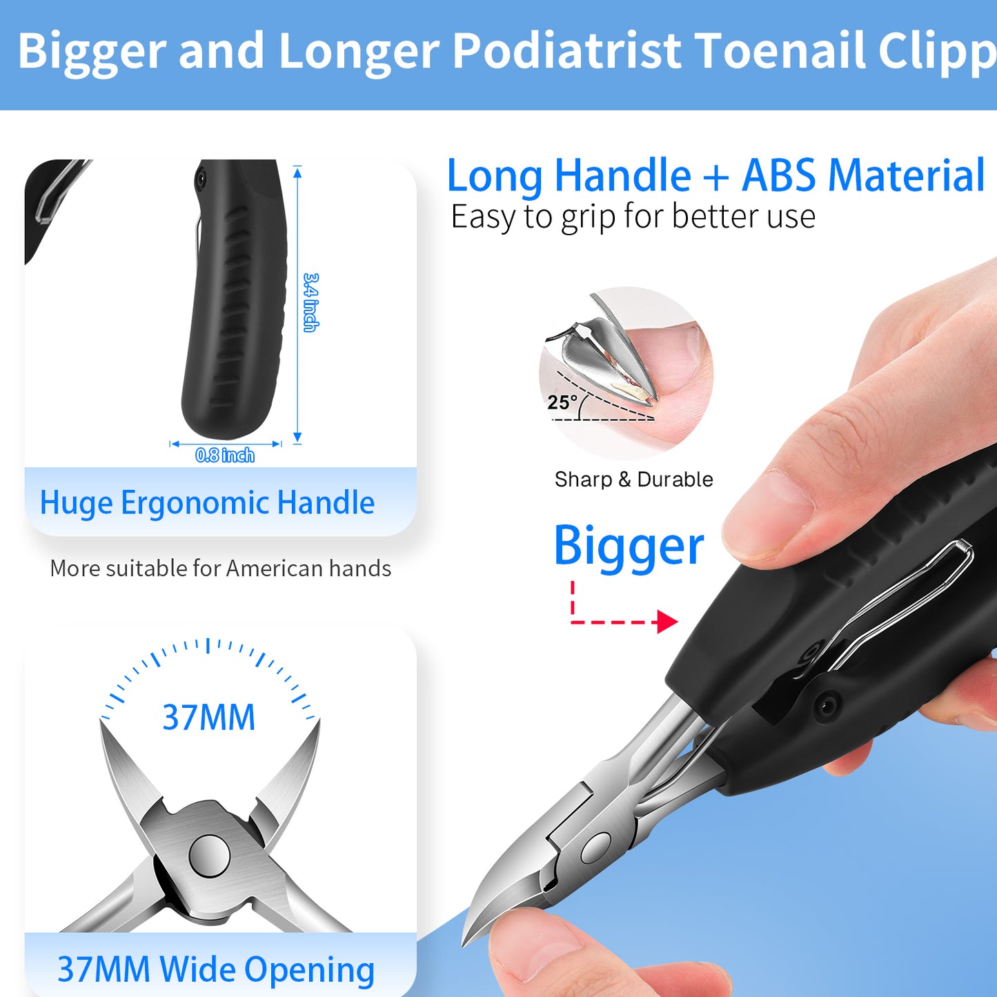 Behome Toenail Clippers for Thick Toenails, 6 Pcs Heavy Duty Nail Clipper Set for Seniors & Men, Angled Head Large Toe Nail Clippers with Wide Opening, Long Handle & Case