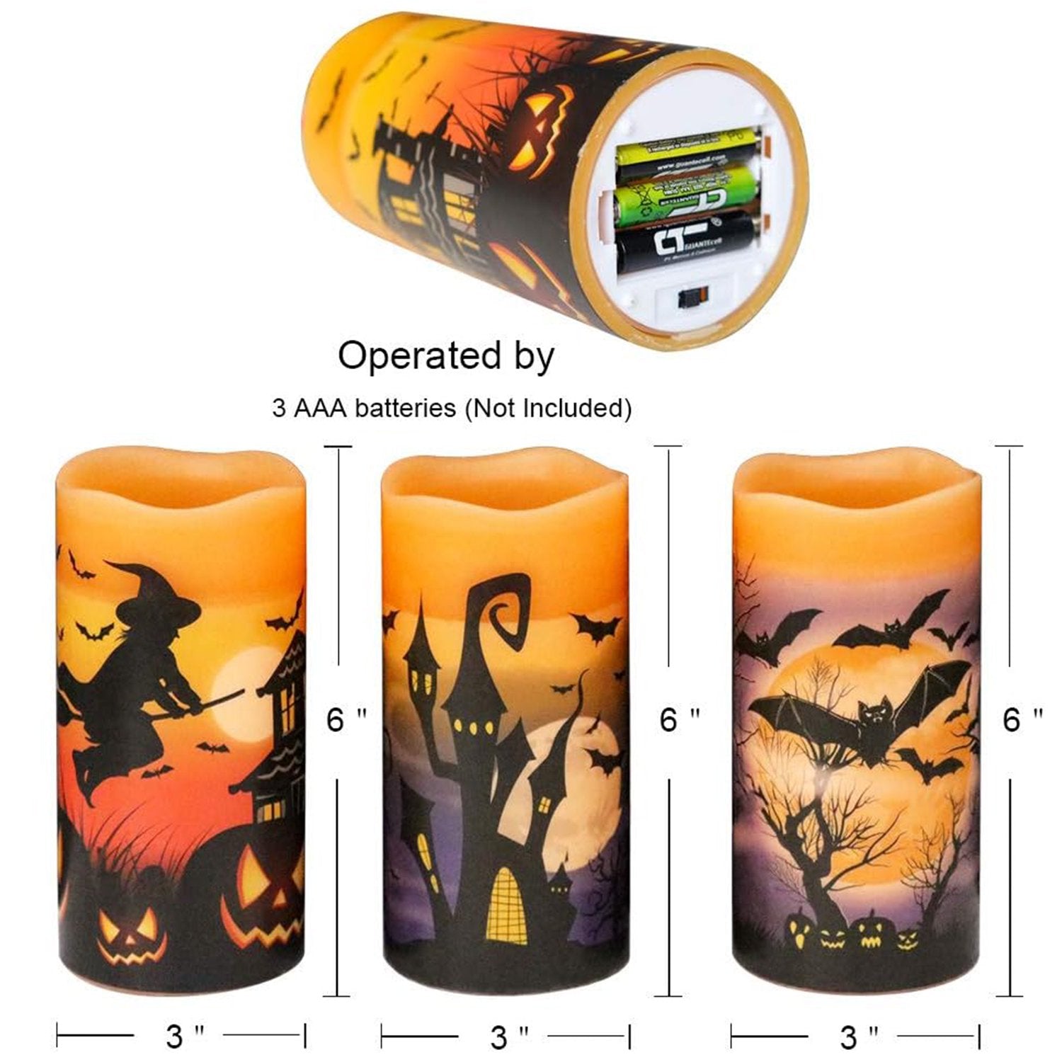 Behome Halloween LED Flameless Candles with Remote and Timer, Battery Operated, Real Wax Flickering Pillar Candles, Flat Wick & Dimmable Light, Castle Witch Bats Holiday Decor(3 Pack, 3 x 6 Inches)