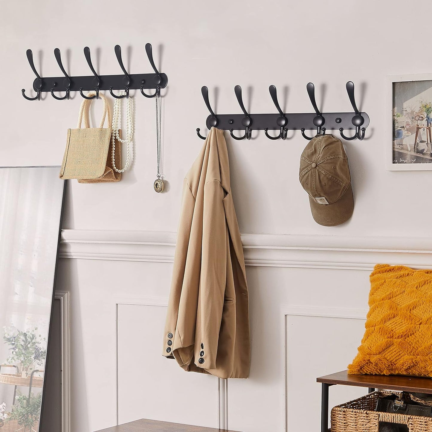 Behome 2 Packs Coat Rack Wall Mounted, Hat Wall Rack with 5 Hooks, for Hanging Jackets, Hats, Coats