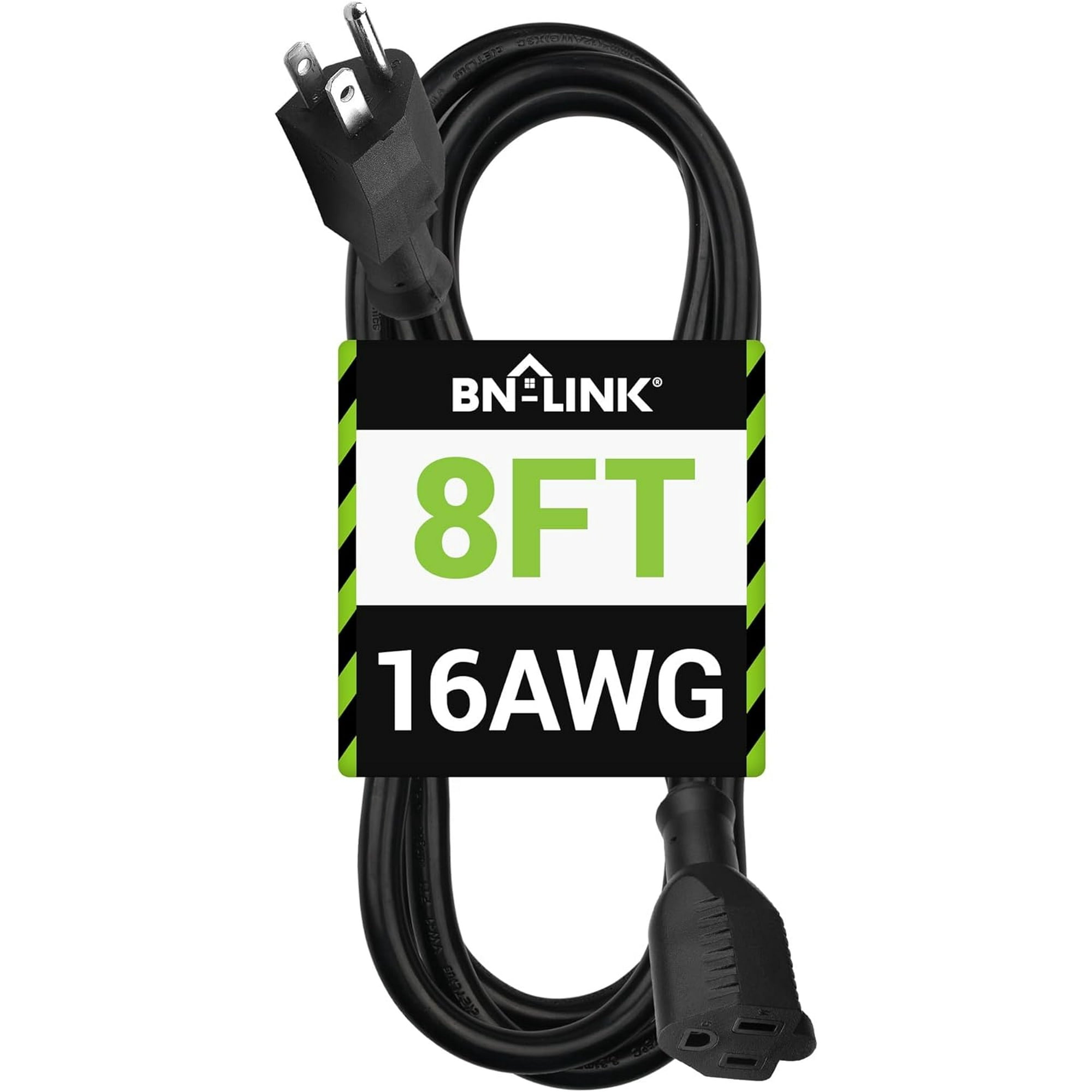 BN-LINK 8ft Indoor/Outdoor Extension Cord 16/3 SJTW, Black, Water & Weather Resistant, 3-Prong Grounded Plug for Landscaping & Holiday Decorations, Home & Office, 13A ETL