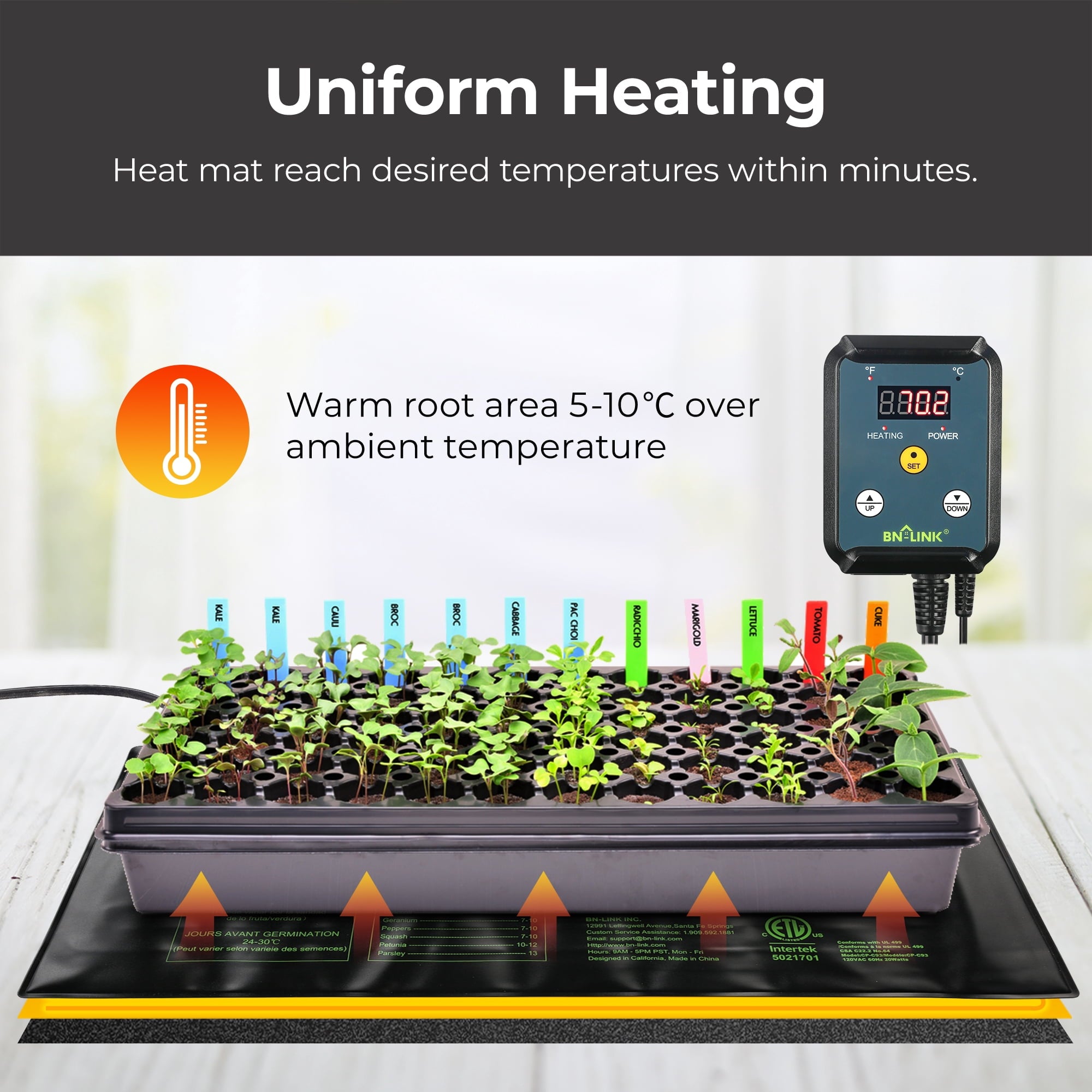 BN-LINK Durable Seedling Heat Mat Heating Pad 10" x 20.75" with Digital Thermostat Controller Combo Set Waterproof for Indoor Seed Starting and Plant Germination