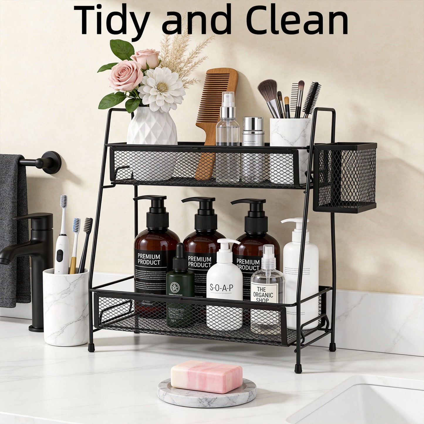 Behome Bathroom Counter Organizer, 2 Tier Vanity Organizer and Storage for Cosmetic Skincare Perfume, Storage Organizers for Bathroom, Kitchen, Dresser, Black