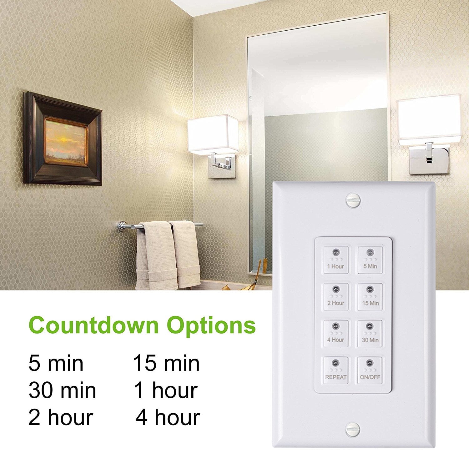 BN-LINK Countdown Digital in-Wall Timer Switch 5-15-30-60mins, 2-4hours,for Bathroom Fan,in-Wall Light Timer, Neutral Required, Free Wall Plate, White, bnd-60/u110b-1 BND-60/U110b-1