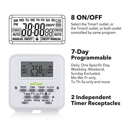 BN-LINK 7 Day Heavy Duty Digital Programmable Dual Outlet Timer - 2 Independently Programmable Grounded Outlets