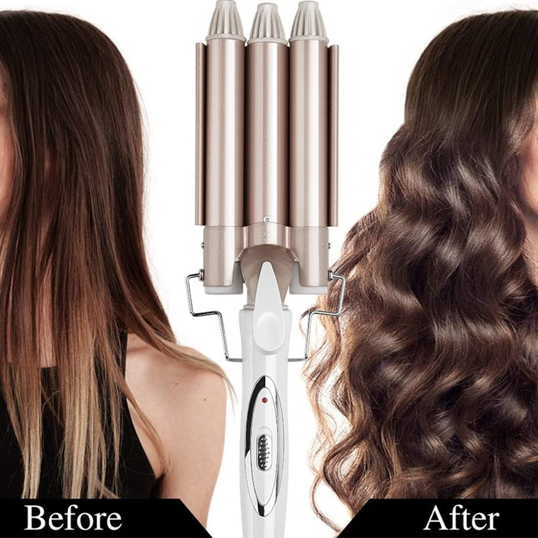 3 Barrel Curling Iron Hair Wand Dual Voltage Hair Crimper, 1 Inch Ceramic Tourmaline Triple Barrels, Temperature Adjustable Portable Hair Waver Heats Up Quickly for Women & Girls(Gold)