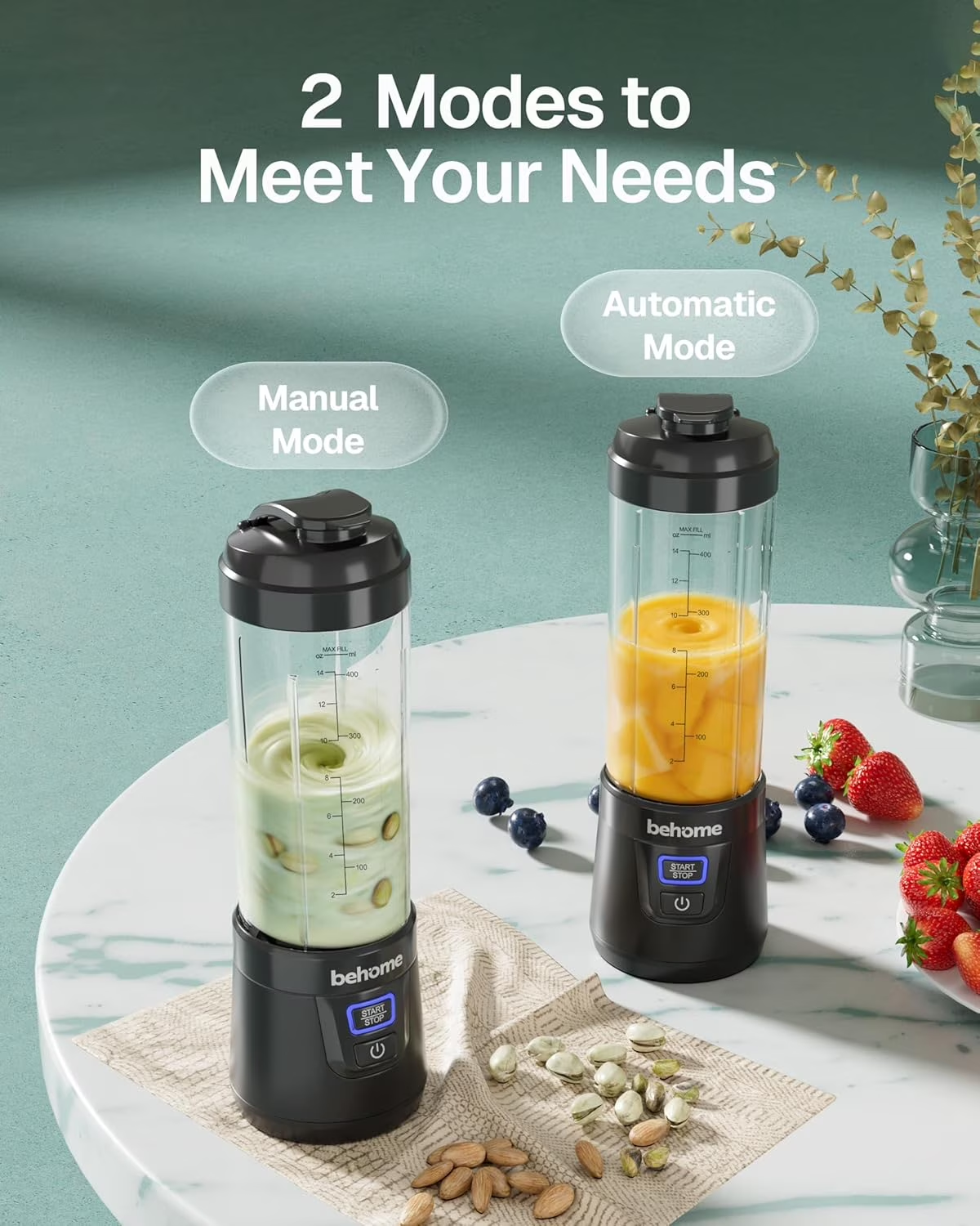 Behome Portable Blender, Personal Juicer For Blender Shakes and Smoothies, 14 OZ BPA Free Portable Cups, USB-C Rechargeable, Dishwasher Safe Parts - Mini Small Blenders Cup For Home, Office, Gym