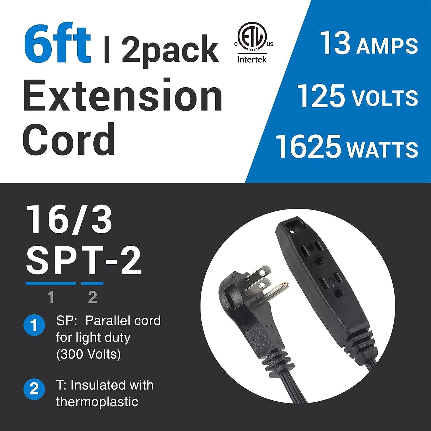 Clear Power 2-Pack 6 ft Indoor Extension Cord 3 Grounded Outlets 16/3 SPT-2, 3 Prong Low-Profile Flat Plug, Black