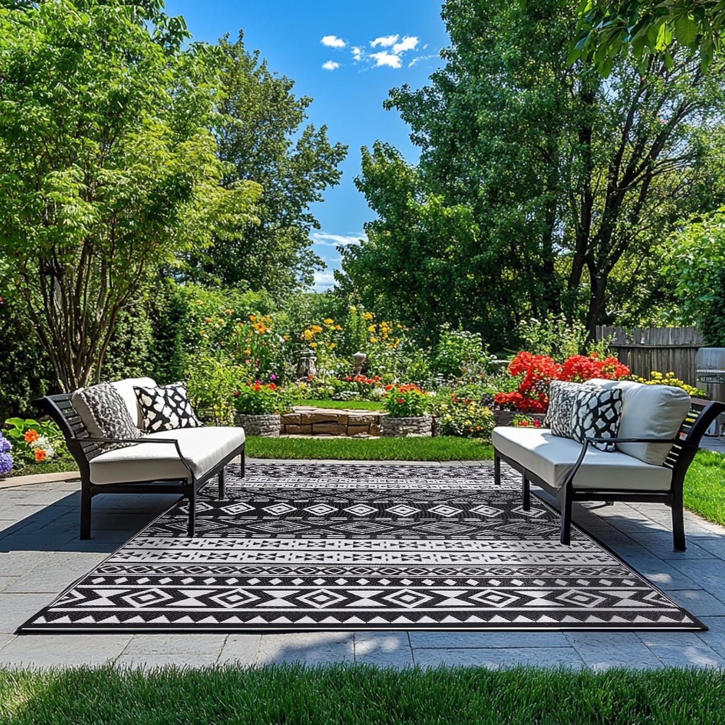 BN-LINK 6' x 9' Waterproof Outdoor Rug with Storage Bag, Reversible Plastic Straw Large Area Rug, Easy-Cleaning Modern Floor Mat for Outdoors, RV, Patio, Backyard, Deck, Picnic, Beach
