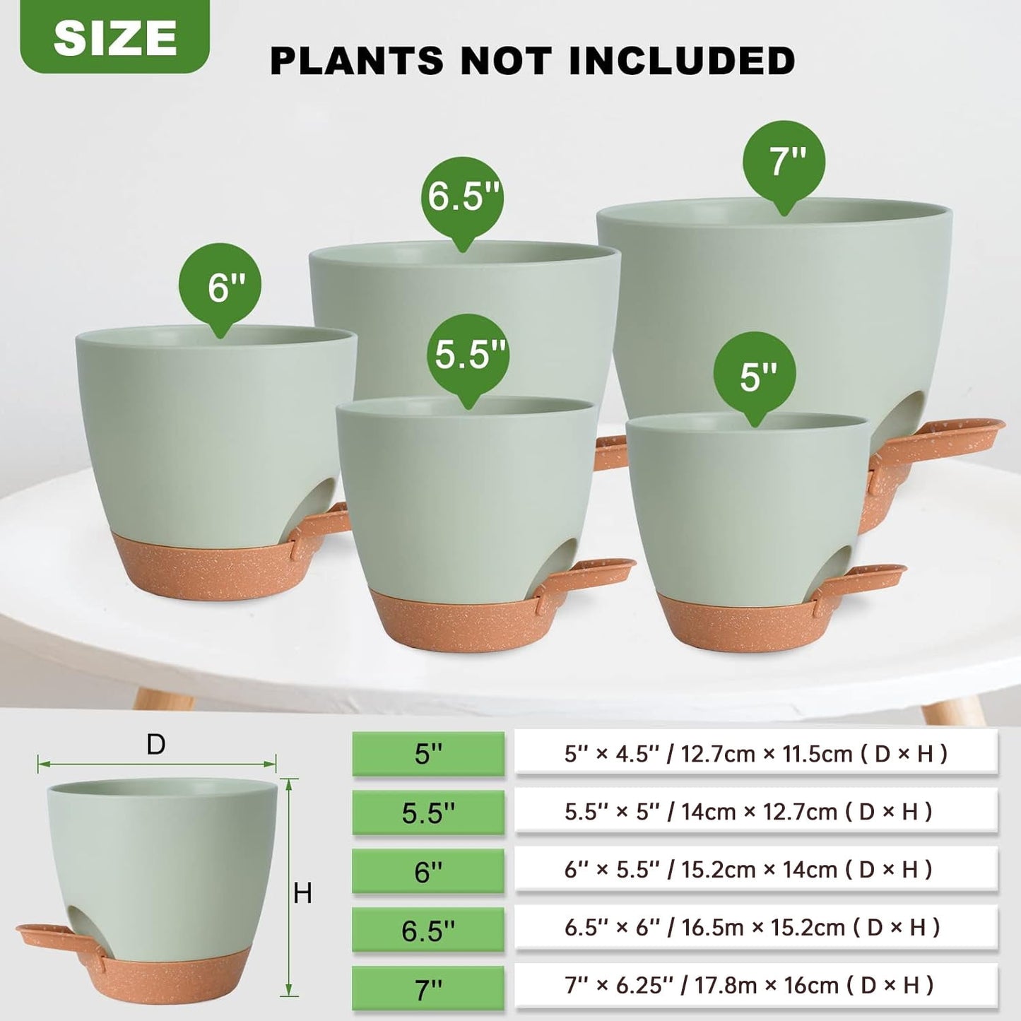 Behome Set of 5 Plant Pots, 5/5.5/6/6.5/7 Inch Indoor Self Watering Planters with Drainage Holes and Saucers, Modern Decorative Planter Pot for All House Plants, Green