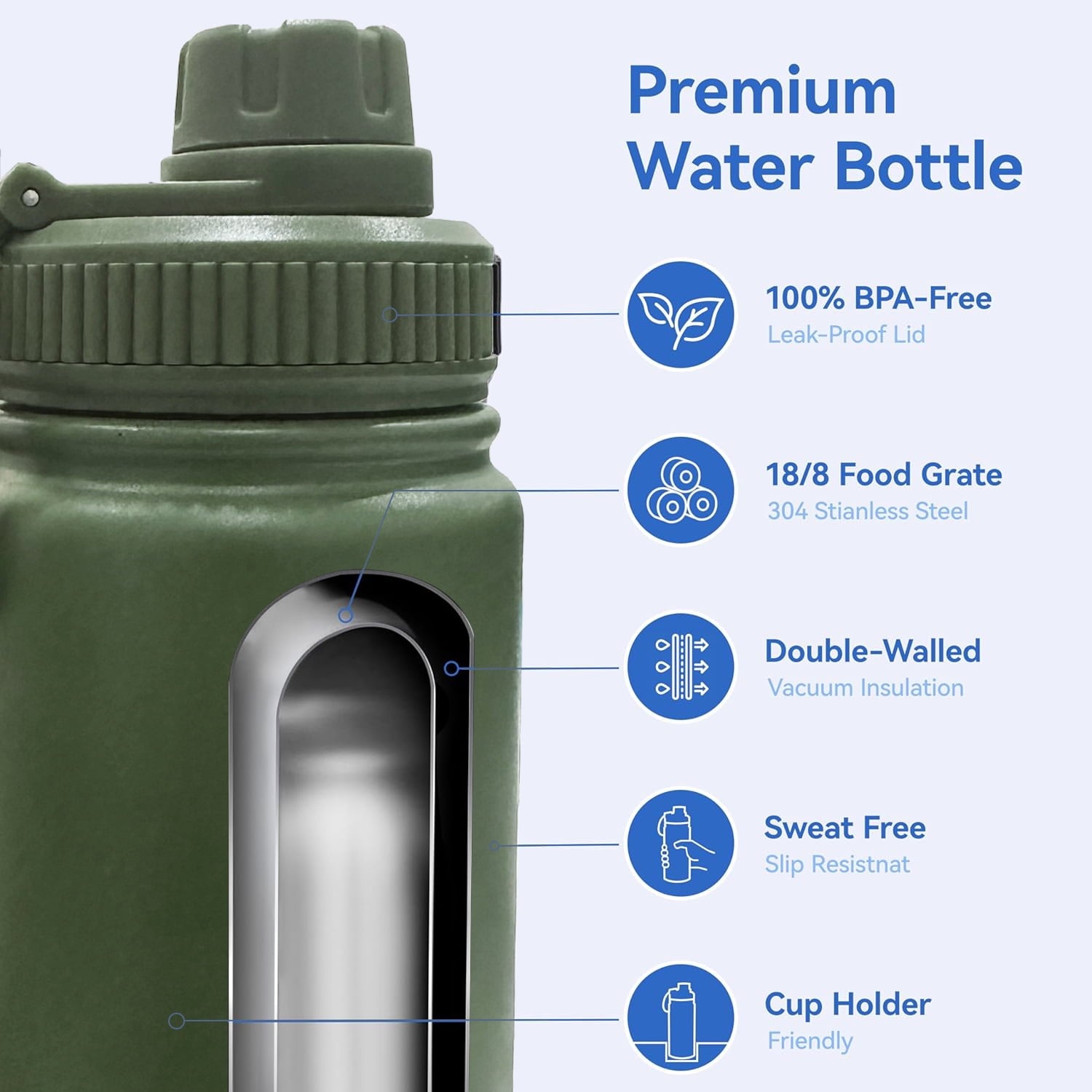 BN-LINK 25oz Insulated Sport Water Bottle, Double Wall Vacuum & Stainless Steel, Leak Proof & BPA-Free, Keeps Cold and Hot, Great for Travel, Hiking, Biking, Running (Green)