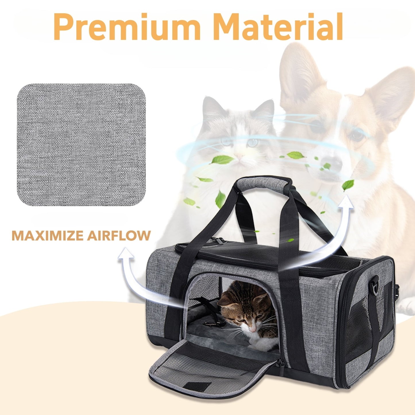 Behome Cat Carrier, Airline Approved, Collapsible Travel Pet Carrier for Small Cats & Dogs, Travel Bag with Adequate Ventilation & Removable Fleece Pad, Grey