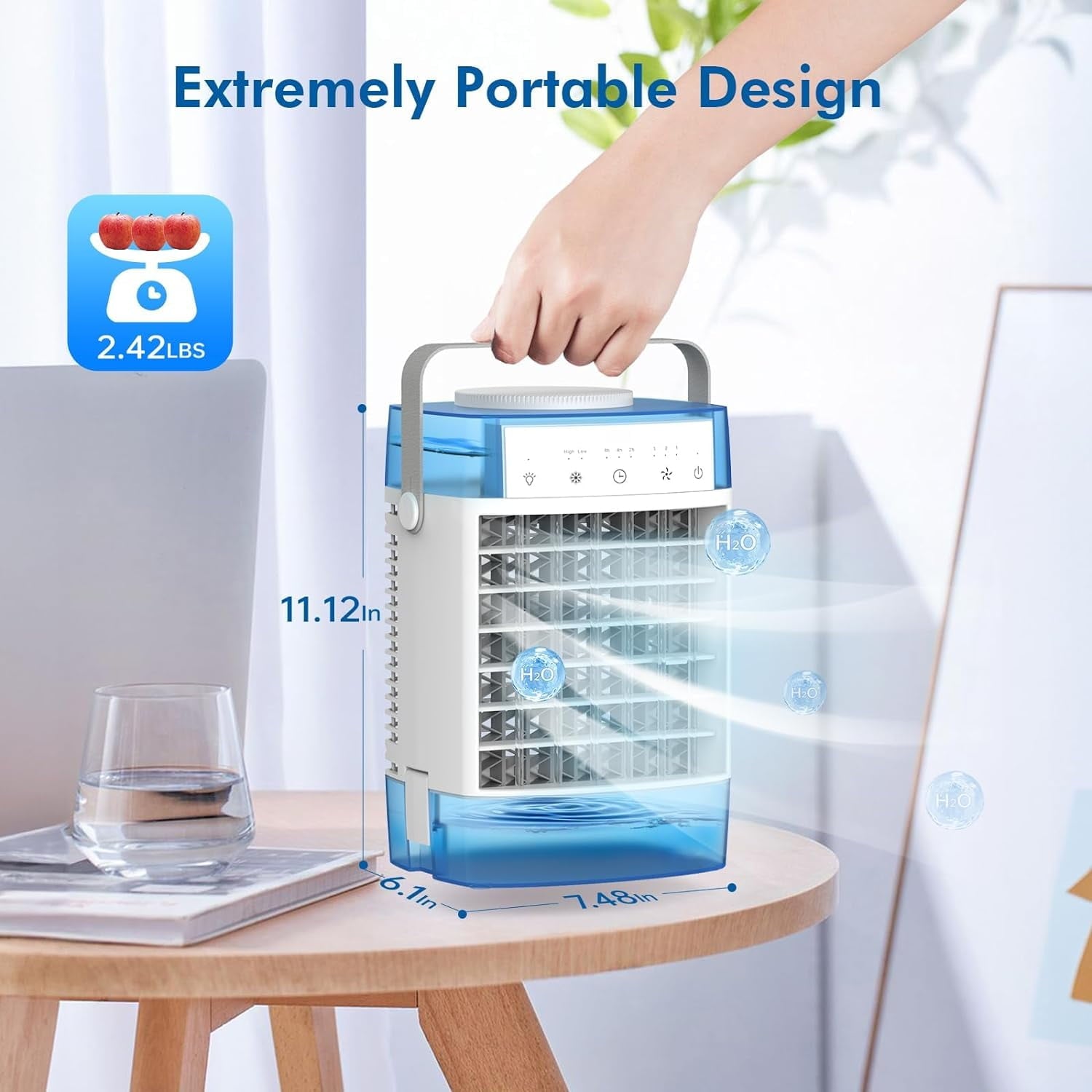 Behome Portable Air Conditioners Fan with Remote, Mini Desk Cooling AC with Upper and lower Dual Water Tanks, 3 Wind Speed & 6 Light Modes, 2-4-8H Timer, 2 Mist Settings(Blue)