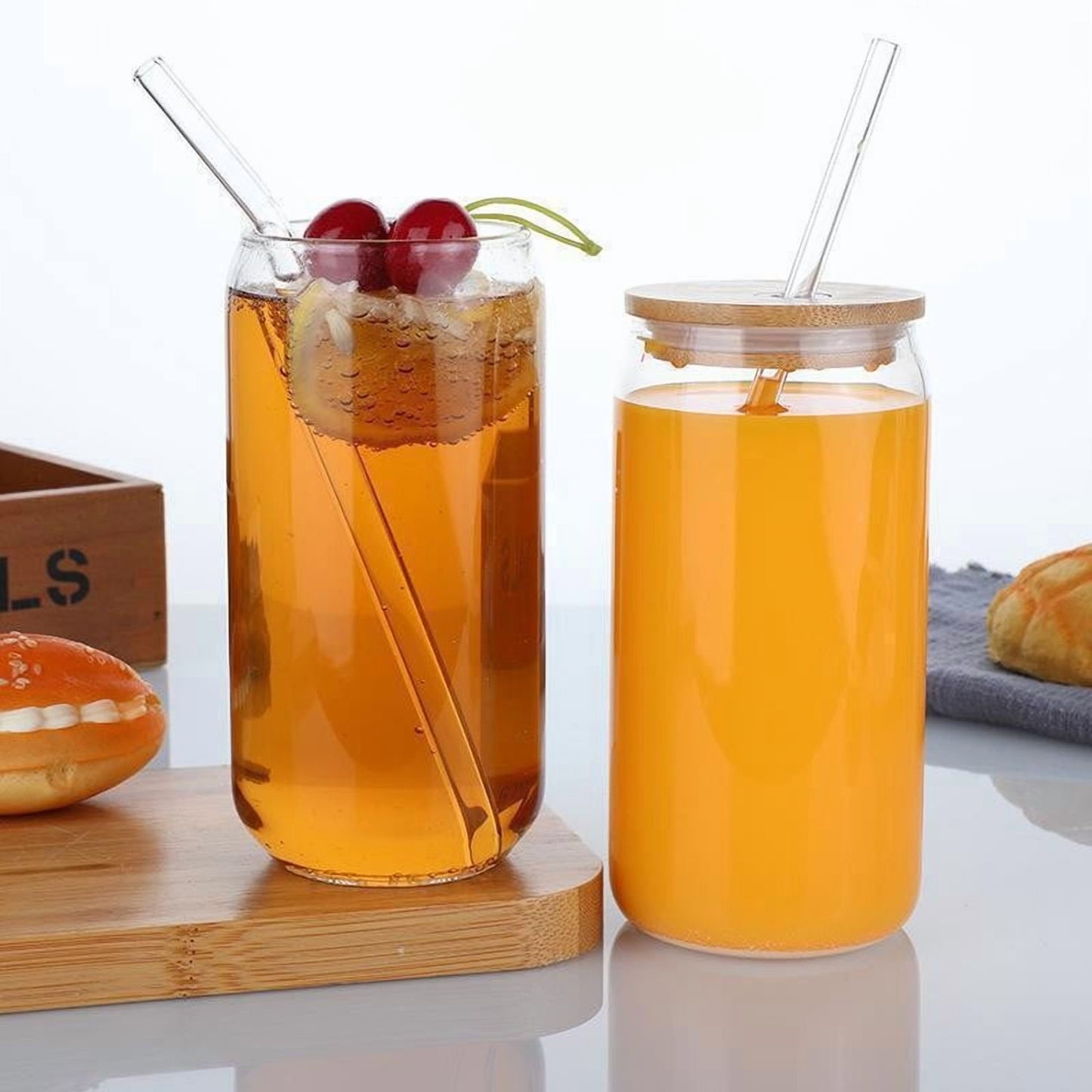 4pcs Glass Cups with Bamboo Lids and Straws for Cocktail, Whiskey, Tea, Gift