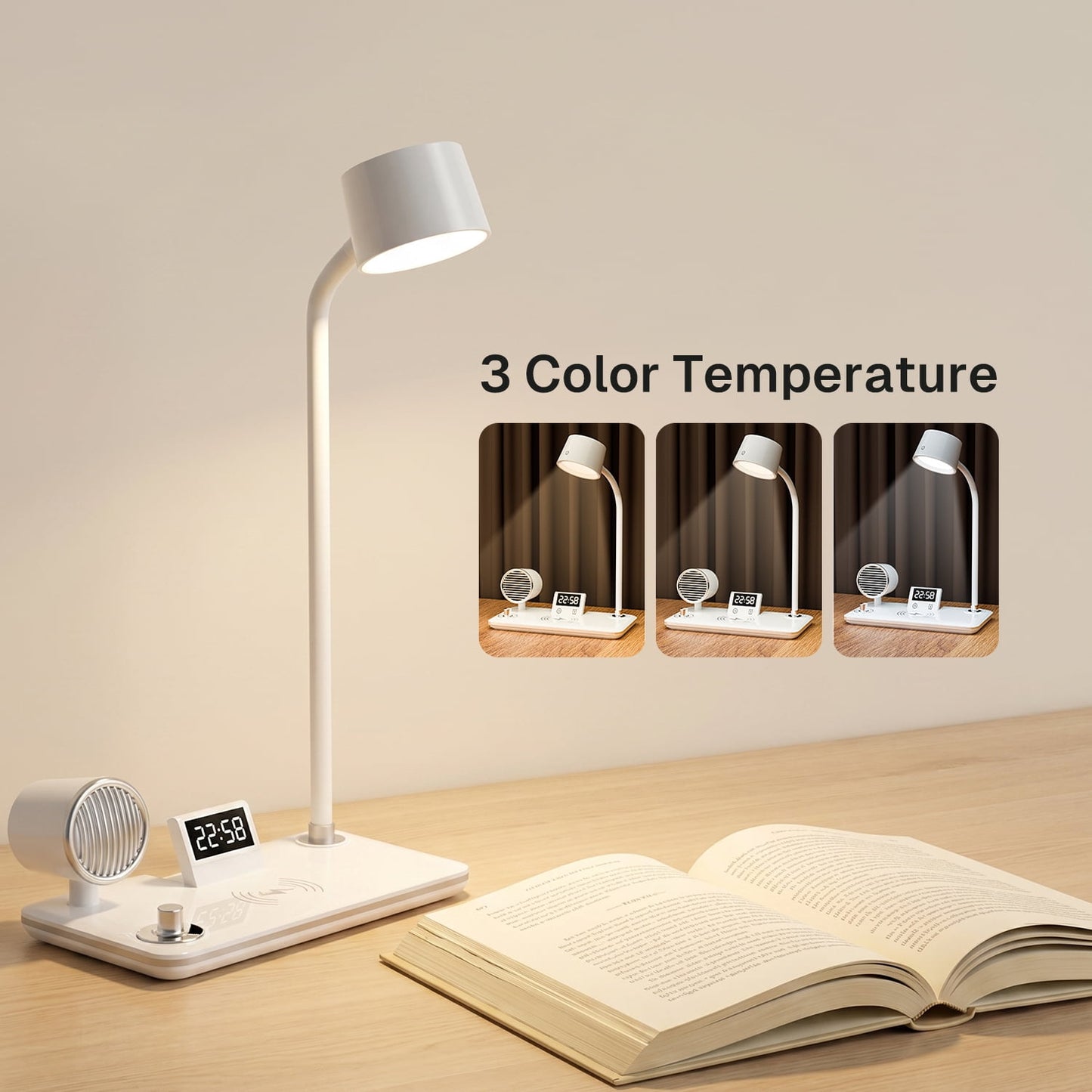 Behome 4-in-1 Desk Lamp with Wireless Charger, Digital Clock & Bluetooth Speaker, Eye-Caring 3-Color Dimmable Table Lamp, Flexible Gooseneck Desk Light for Home Office