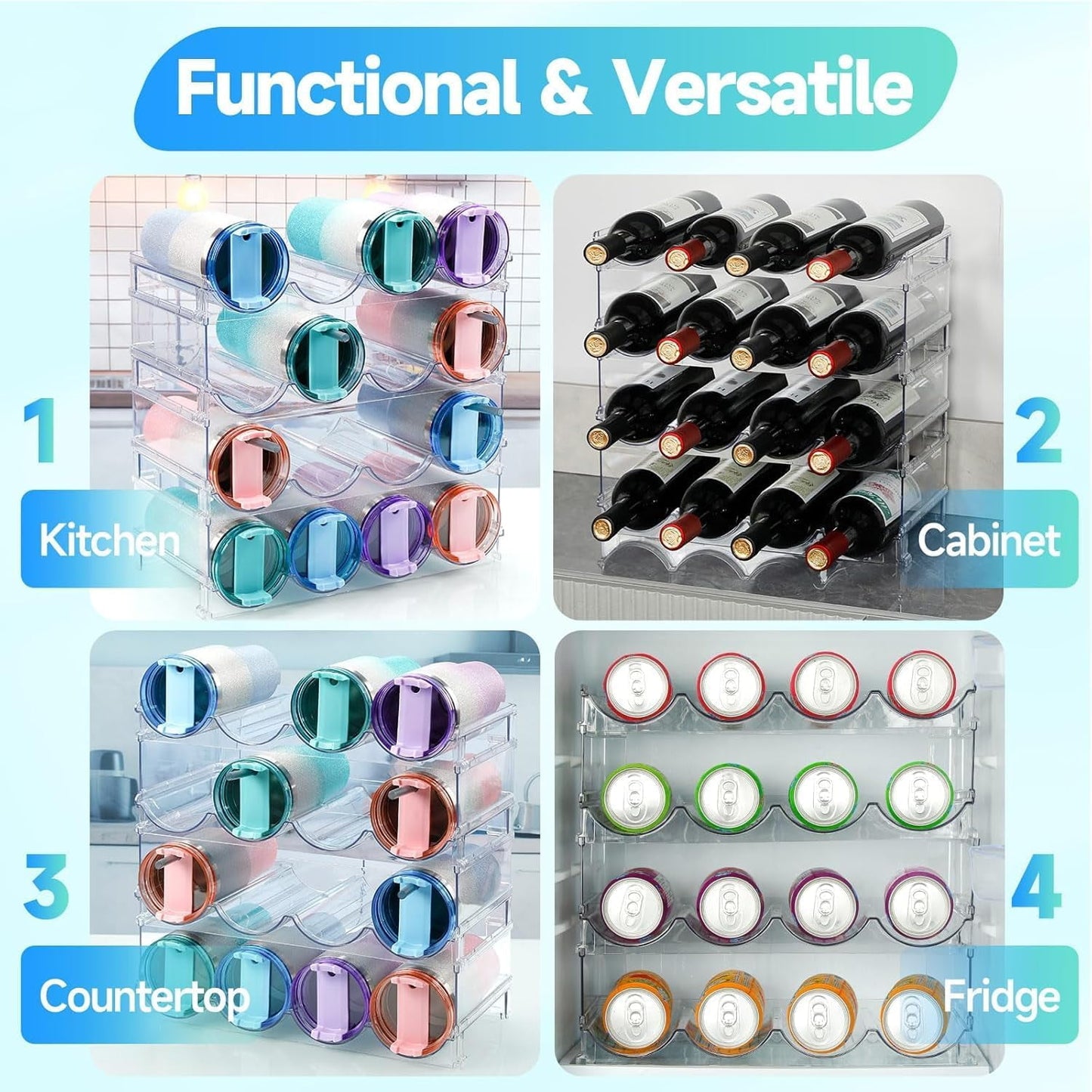 Behome Water Bottle Organizer, Stackable Water Bottle Organizer Holder, Water Bottle Storage Rack, Kitchen Storage Organizer for Cup Accessories, Clear