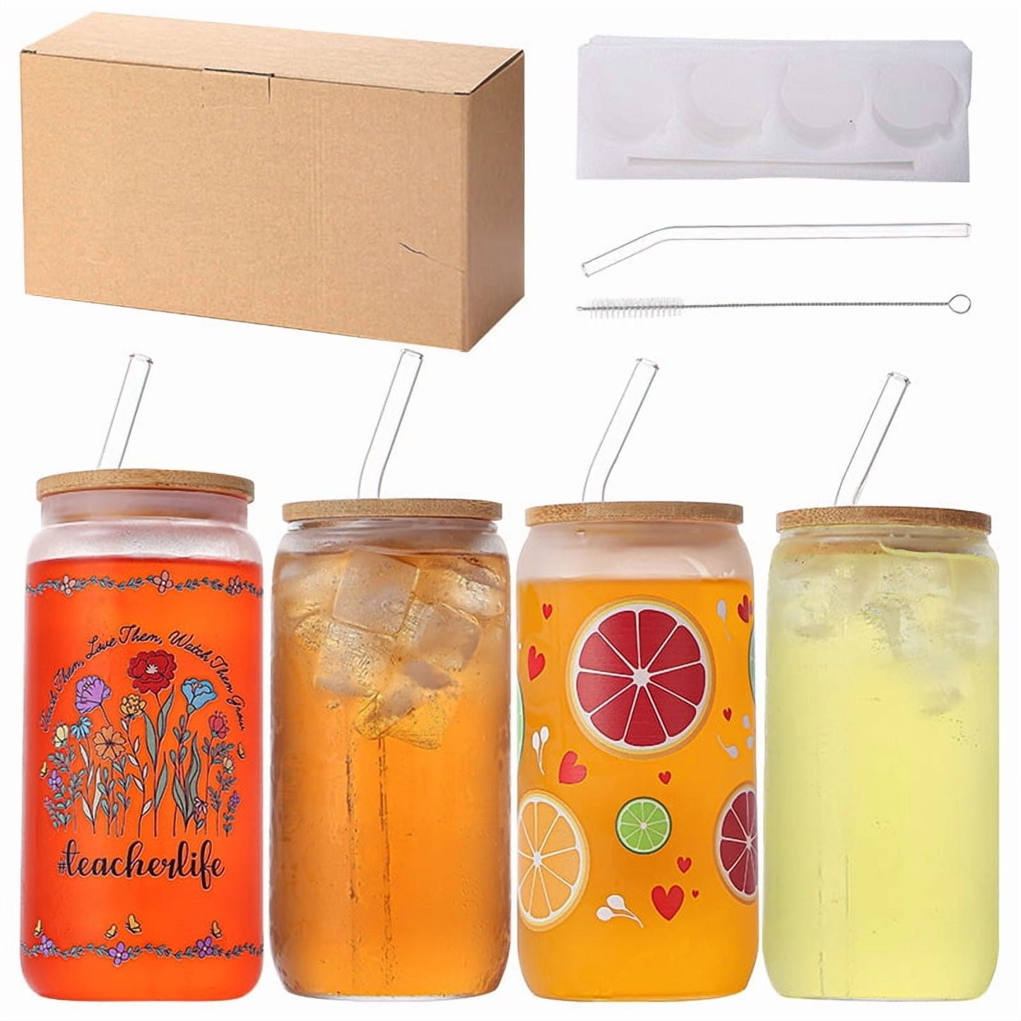 4pcs Glass Cups with Bamboo Lids and Straws for Cocktail, Whiskey, Tea, Gift