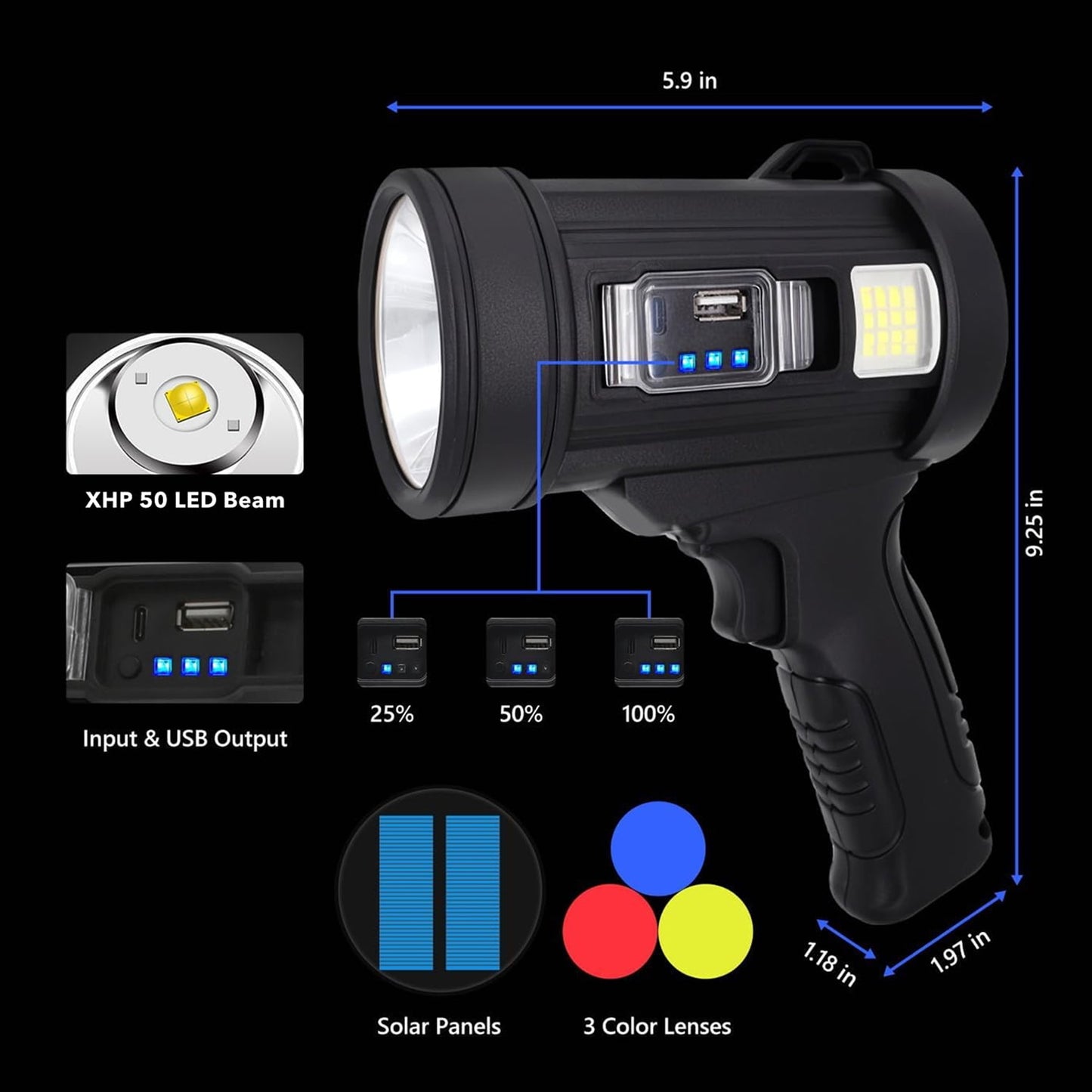 BN-LINK Rechargeable Spotlight, Handheld Hunting Flashlight Led Spot Light, Super Bright Solar Spot Lights Outdoor Handheld for Hunting, Boating, Camping
