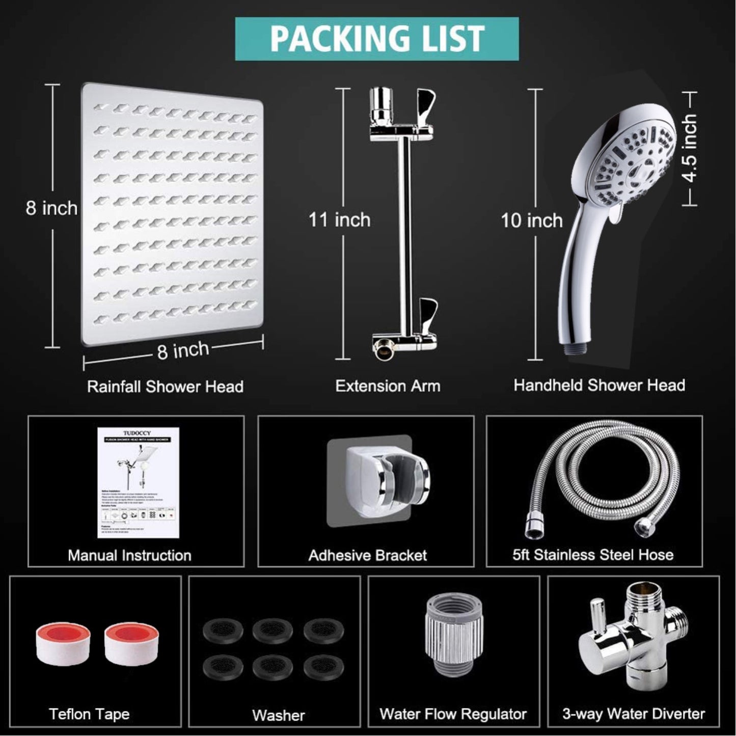 BN-LINK 8 Inch Rain Shower Head Combo, High Pressure Shower Head with 9 Spray Pattern, 11 Inch Extension Arm, Height/Angle Adjustable Anti-leak Shower Head with Holder/Hose
