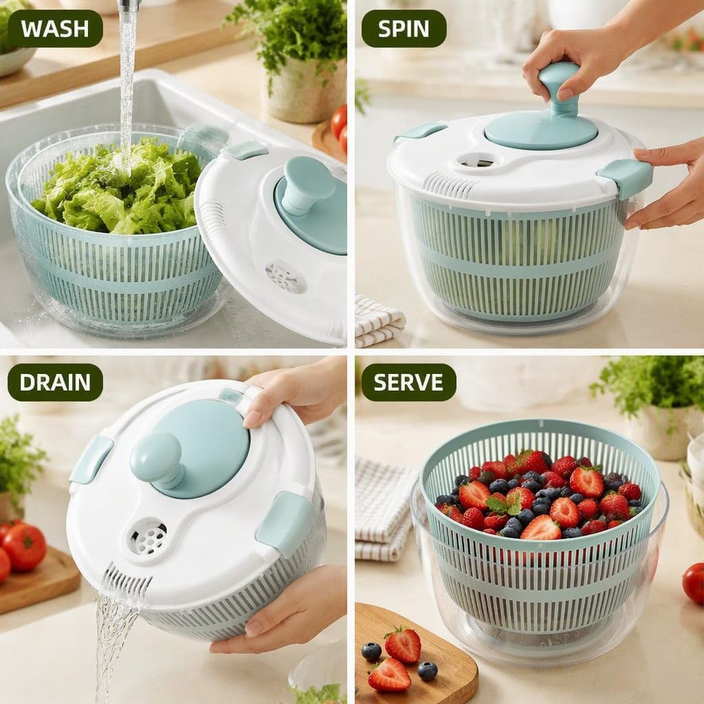 BN-LINK Salad Spinner, 4.8 Quart Large Capacity, Durable Multi-Use Lettuce and Fruit Washer Spinner& Dryer with Built-in Drainage System, Non-skid Base and Free Silicone Lid for Storage or Picnic