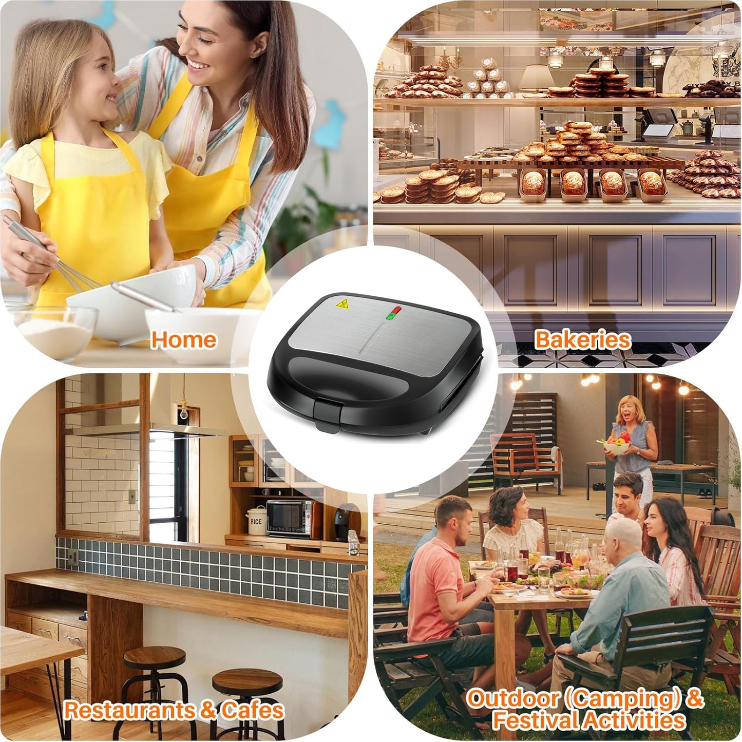 Behome 3 in 1 Waffle Maker with Nonstick Plates, Electric Sandwich Maker with Indicator Light, Sandwich Press Grill for Breakfast, Ham, Steaks, Black