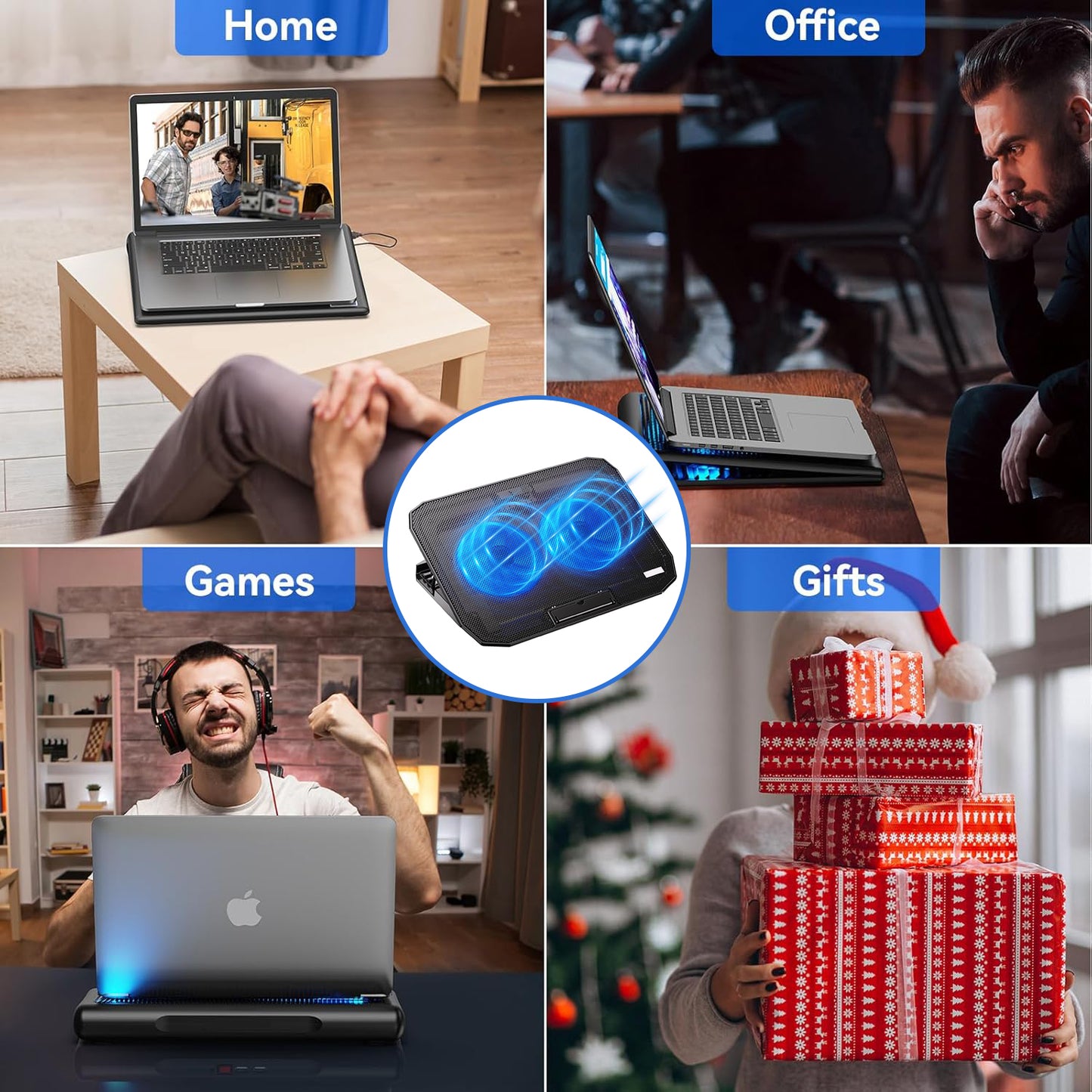 Behome Laptop Cooling Pad, 5 Heights & Stepless Adjustable Speeds, Quiet Gaming Laptop Cooler with Blue Lights, Portable Two USB Ports Laptop Cooler for 12"-15.6" Laptops, Black