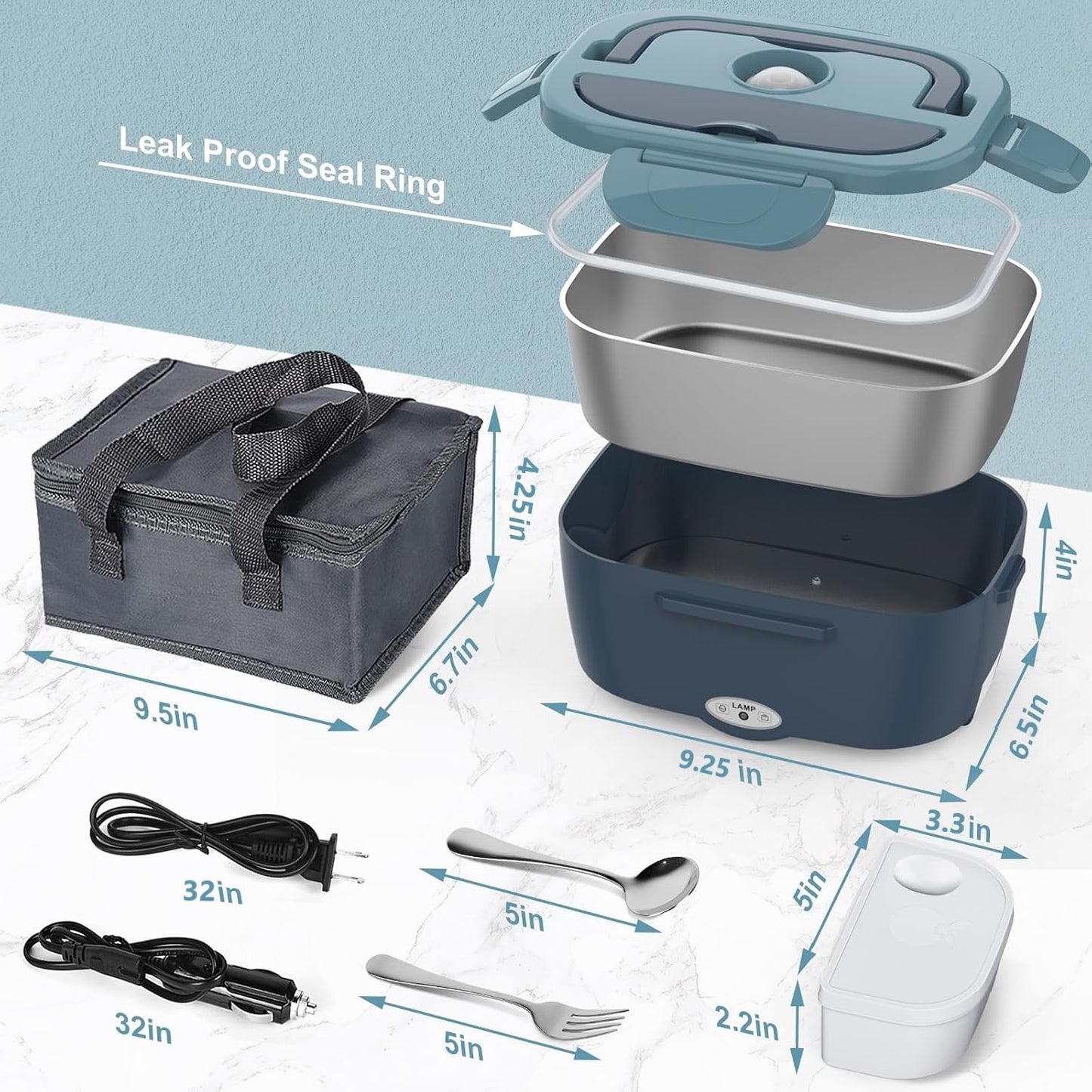 Behome Electric Lunch Box, 3 in 1 Heated Lunch Boxes for Adults, Stainless Steel Food Warmer with 1.5L Container Fork & Spoon, for Work/Car/Truck/Travel