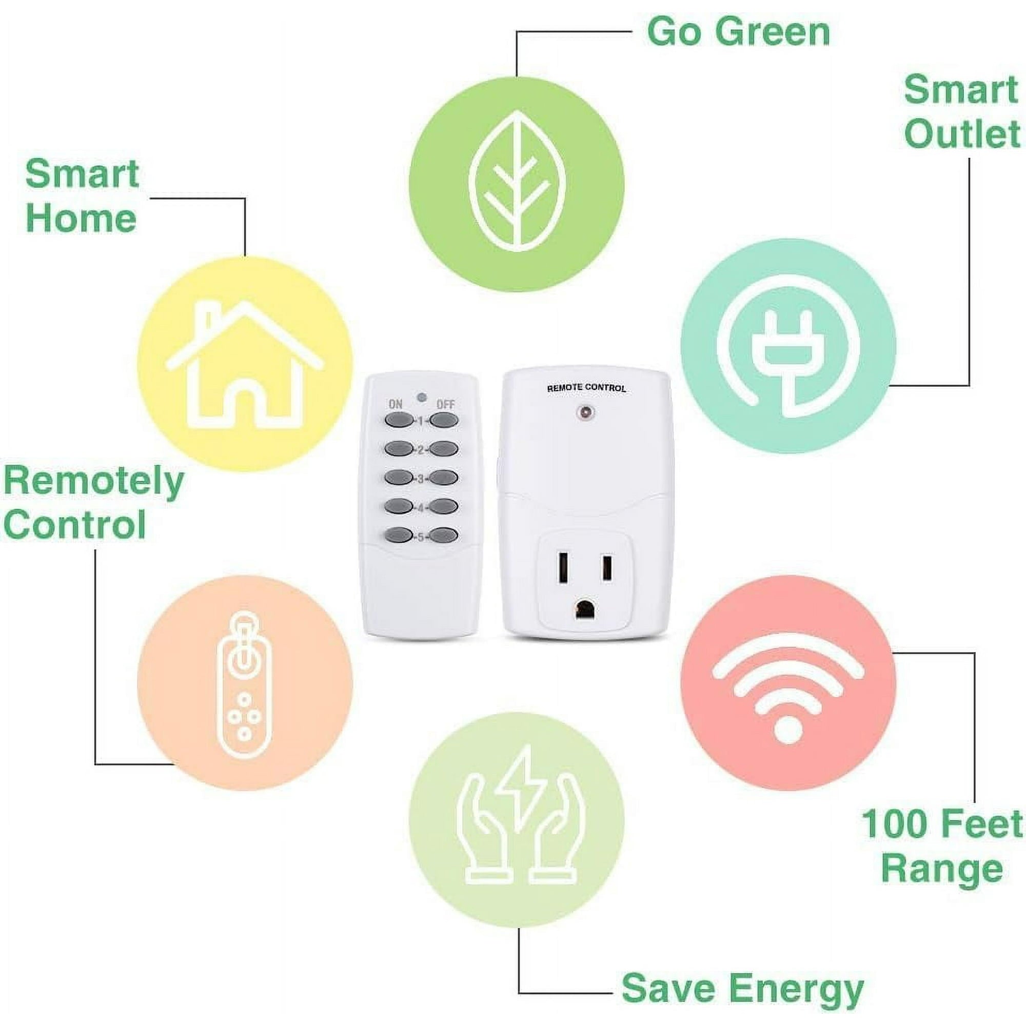 BN-LINK Wireless Remote Control Outlet Switch for Household Appliances, Wireless Remote Light Switch, LED Light Bulbs, White (2 Remotes + 5 Outlets) 1250W/10A