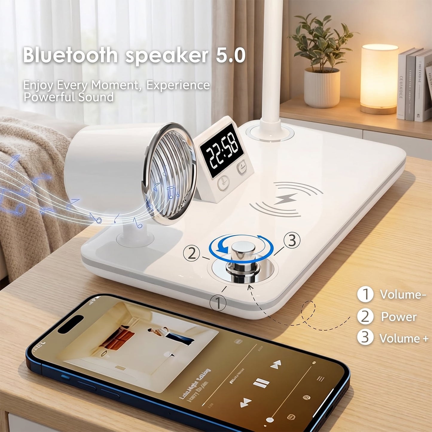 Behome 4-in-1 Desk Lamp with Wireless Charger, Digital Clock & Bluetooth Speaker, Eye-Caring 3-Color Dimmable Table Lamp, Flexible Gooseneck Desk Light for Home Office