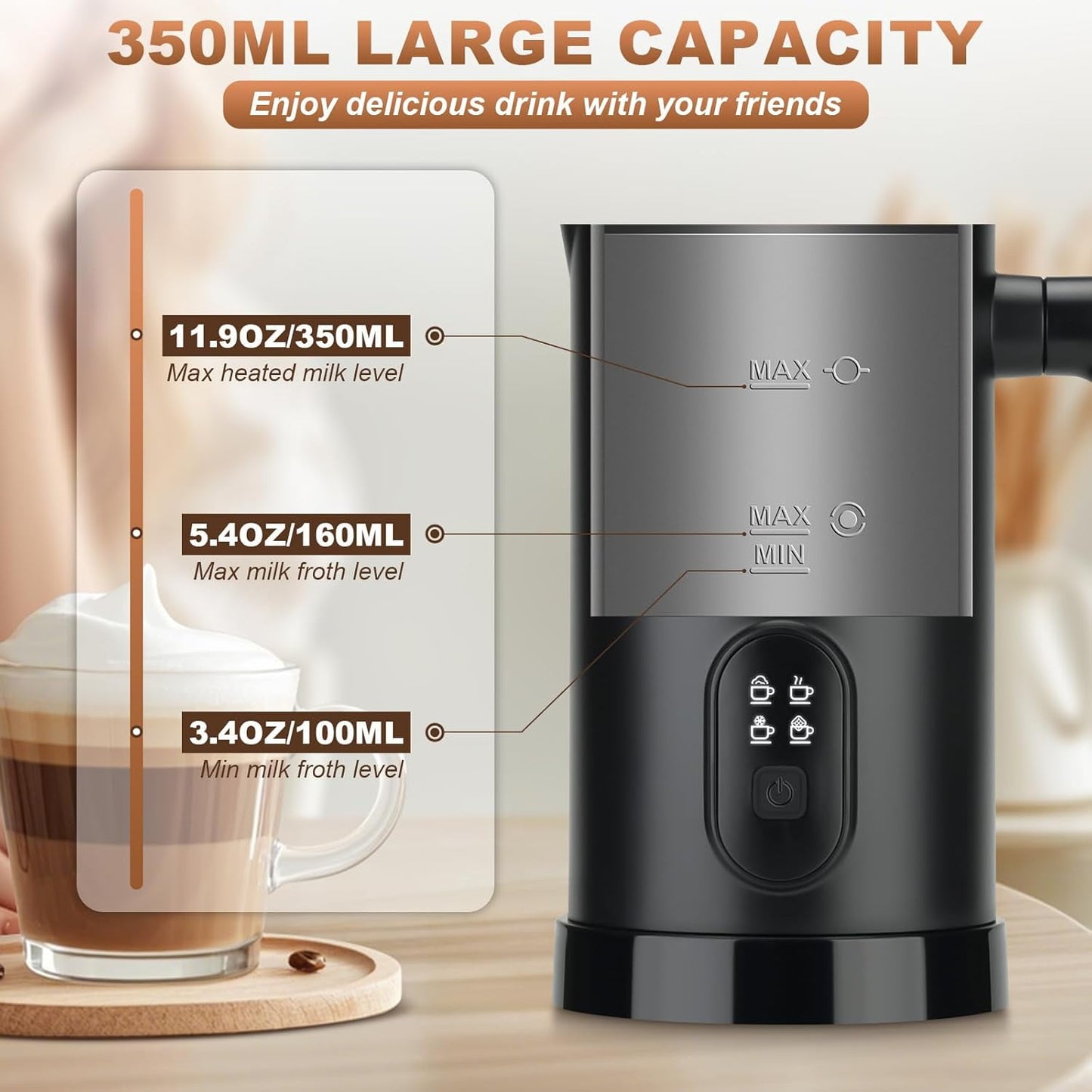 Behome Milk Frother, 4 in 1 Electric Milk Steamer, 11.8oz/350ml Automatic Hot and Cold Foam Maker and Milk Warmer for Latte, Cappuccinos, Macchiato, Hot Chocolate, Black
